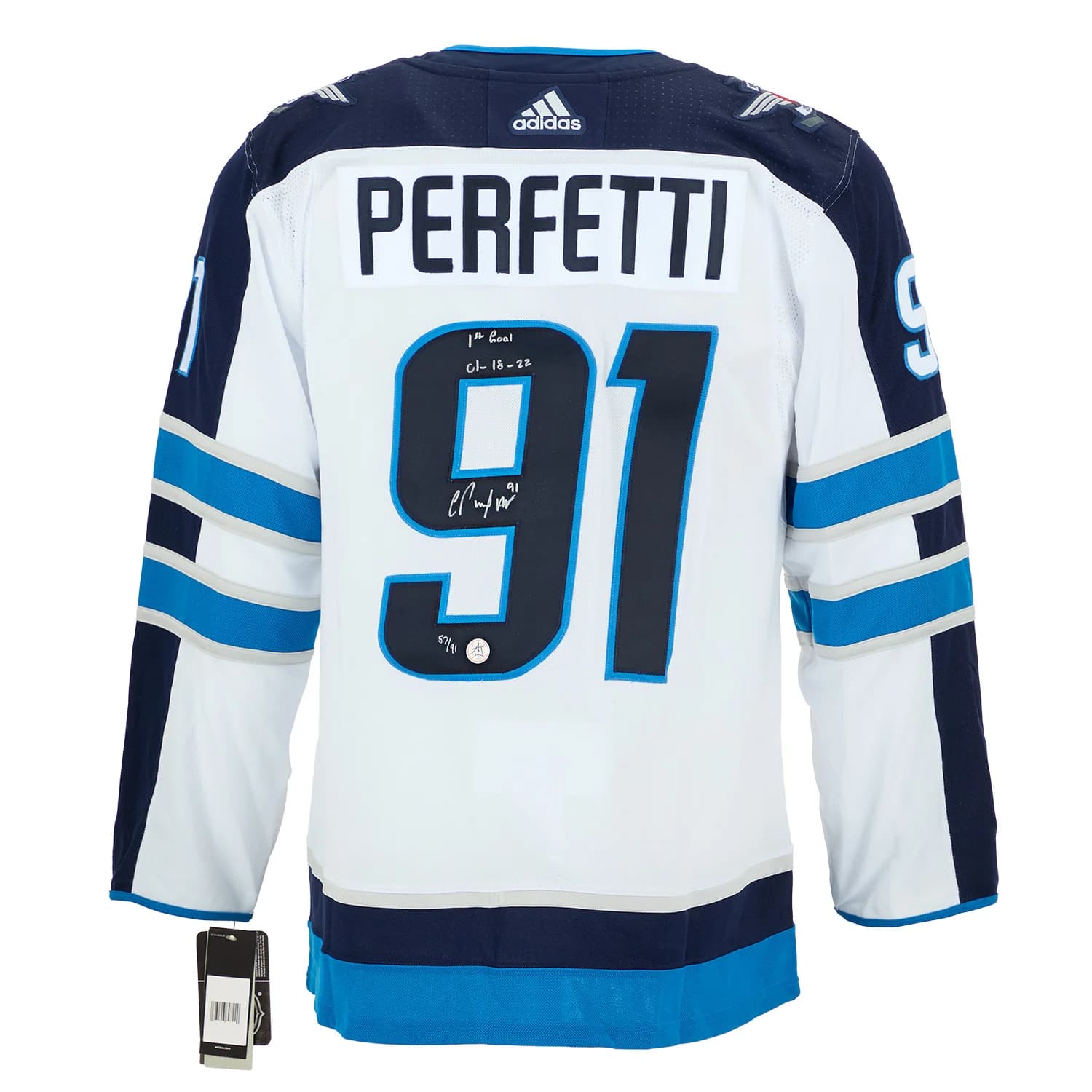 Cole Perfetti Winnipeg Jets Signed & Dated 1st Goal adidas Jersey #/91 Cole Perfetti Jersey dated-1st-goal-adidas-91, Winnipeg Jets, supplier stock photo