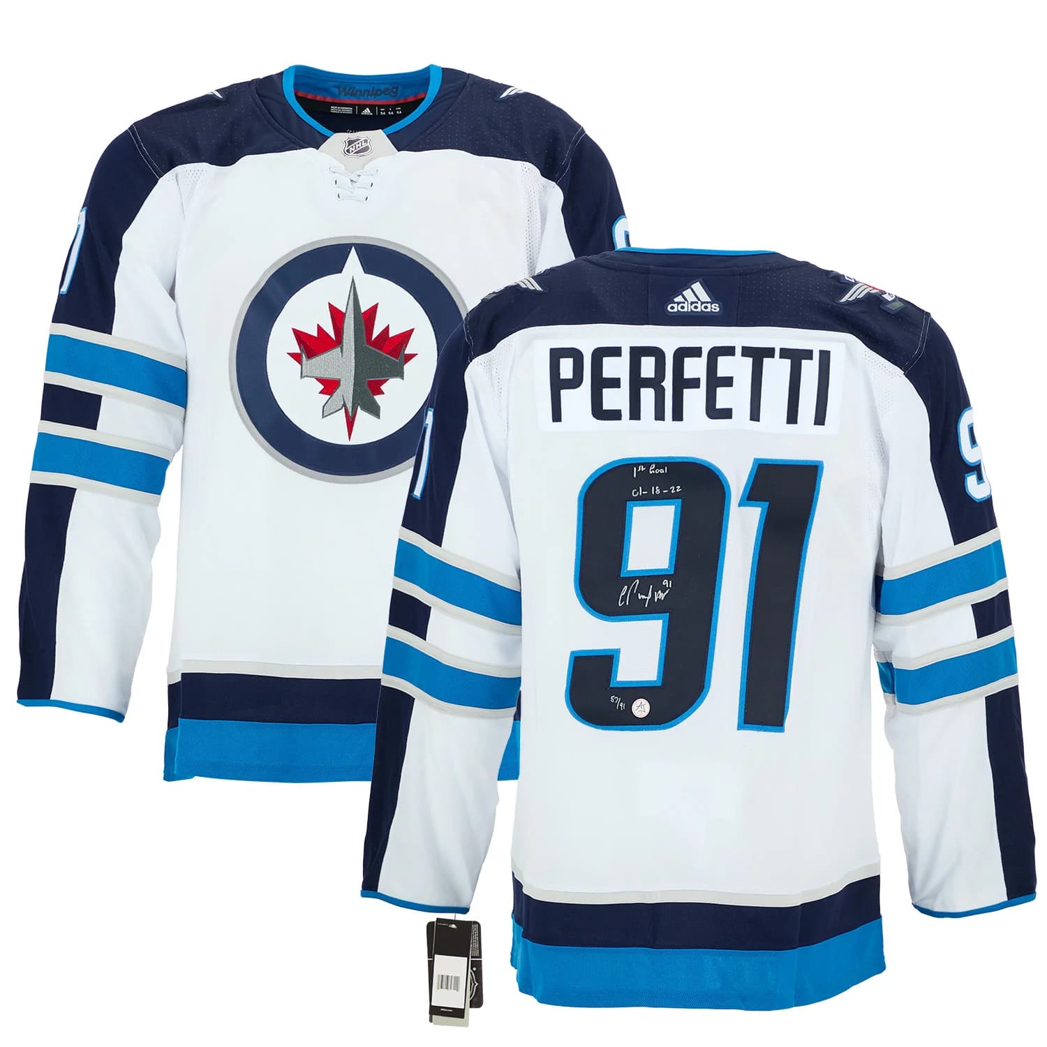 Cole Perfetti Winnipeg Jets Signed & Dated 1st Goal adidas Jersey #/91 Cole Perfetti Jersey dated-1st-goal-adidas-91, Winnipeg Jets, view 3, supplier stock photo