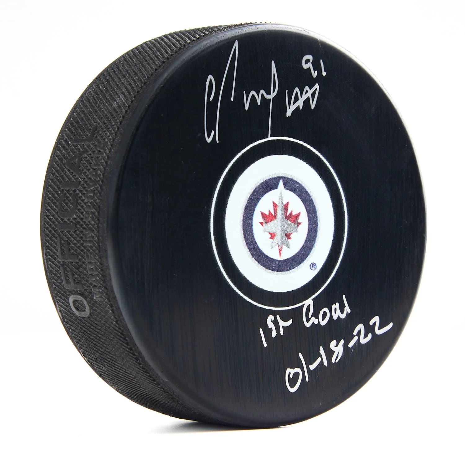 Cole Perfetti Signed & Dated 1st Goal Winnipeg Jets Hockey Puck Cole Perfetti Puck dated-1st-goal-hockey, Winnipeg Jets, supplier stock photo