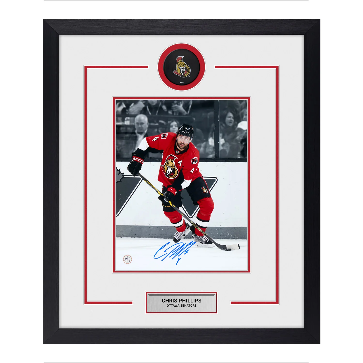 Chris Phillips Signed Ottawa Senators Puck Logo 23x27 Frame Chris Phillips Puck 23x27-logo-frame, Ottawa Senators, supplier stock photo