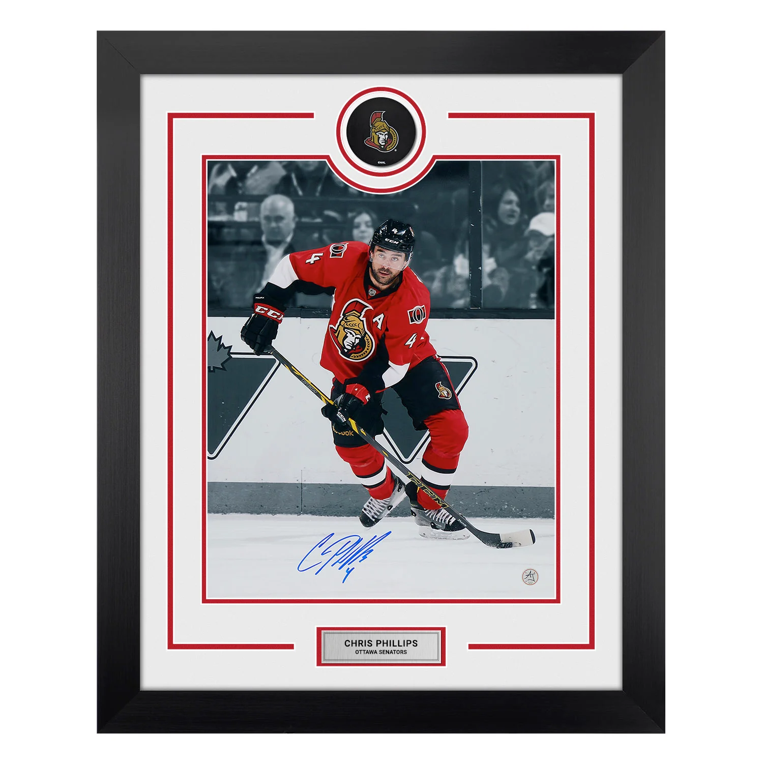 Chris Phillips Signed Ottawa Senators Puck Logo 26x32 Frame Chris Phillips Puck 26x32-logo-frame, Ottawa Senators, supplier stock photo