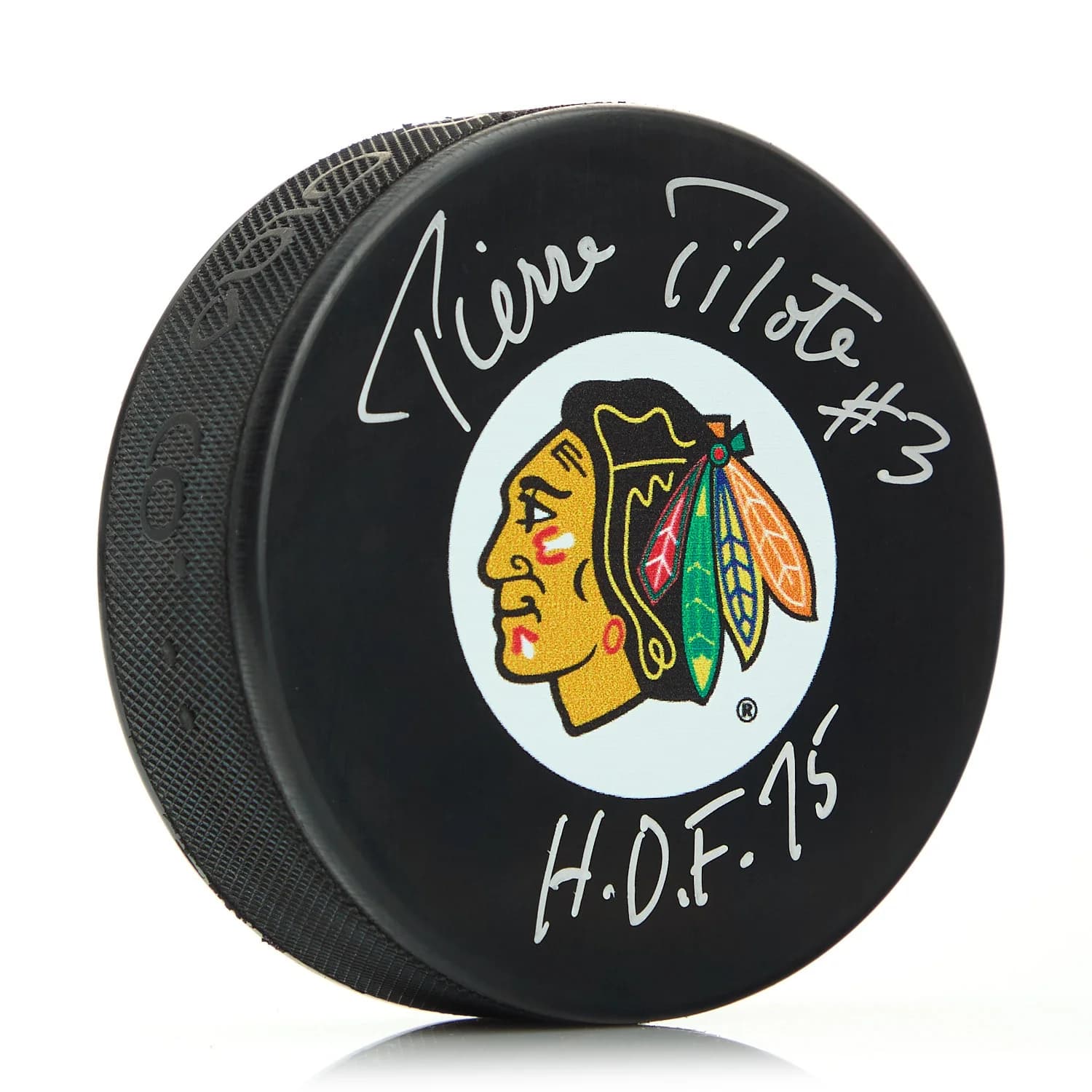 Pierre Pilote Autographed Chicago Blackhawks Hockey Puck with HOF Note Pierre Pilote Puck hockey-hof-note, Chicago Blackhawks, supplier stock photo