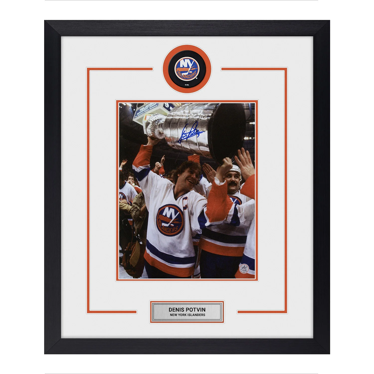 Denis Potvin Signed New York Islanders Puck Logo 23x27 Frame Denis Potvin Puck 23x27-logo-frame, New York Islanders, supplier stock photo