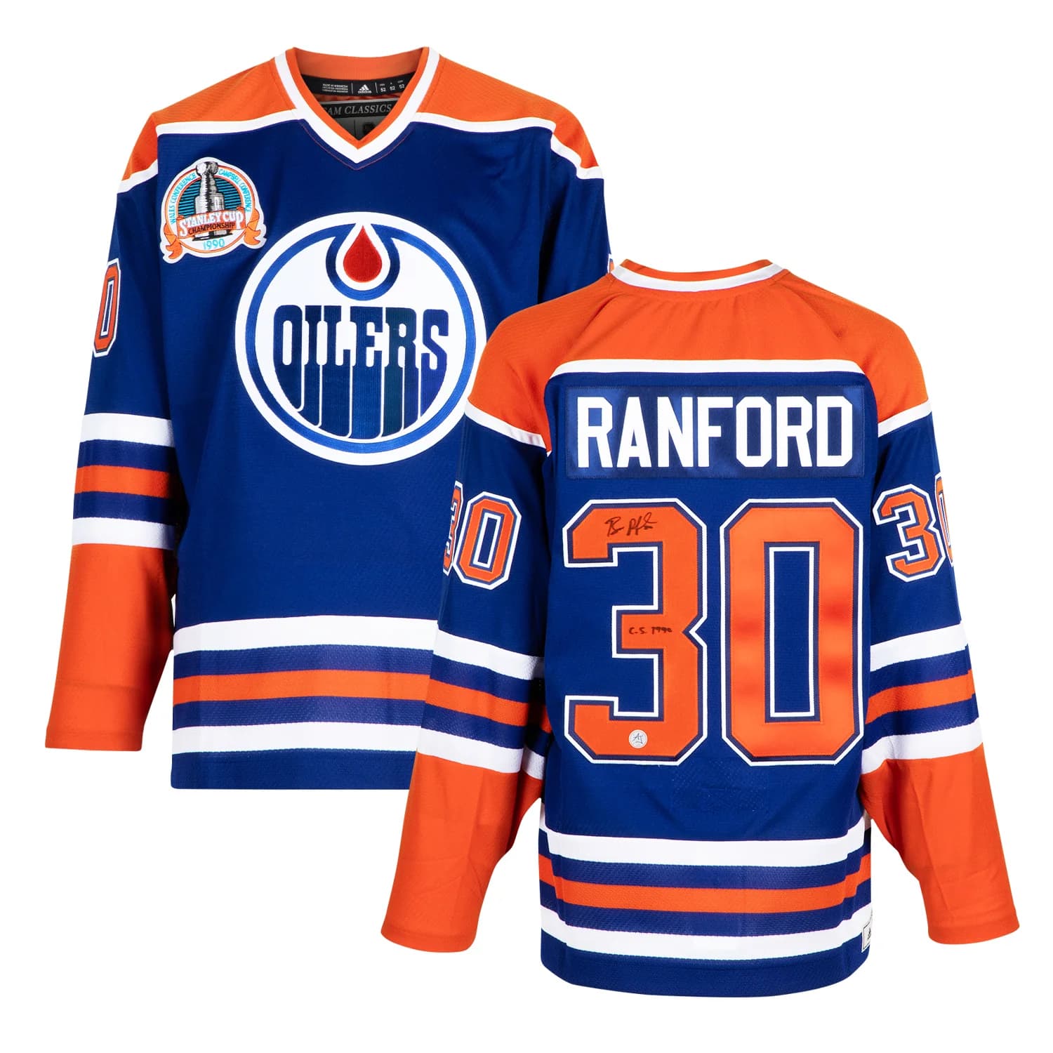 Bill Ranford Signed Edmonton Oilers 1990 Stanley Cup Classic adidas Jersey Bill Ranford Jersey 1990-stanley-cup-classic-adidas, Edmonton Oilers, view 3, supplier stock photo