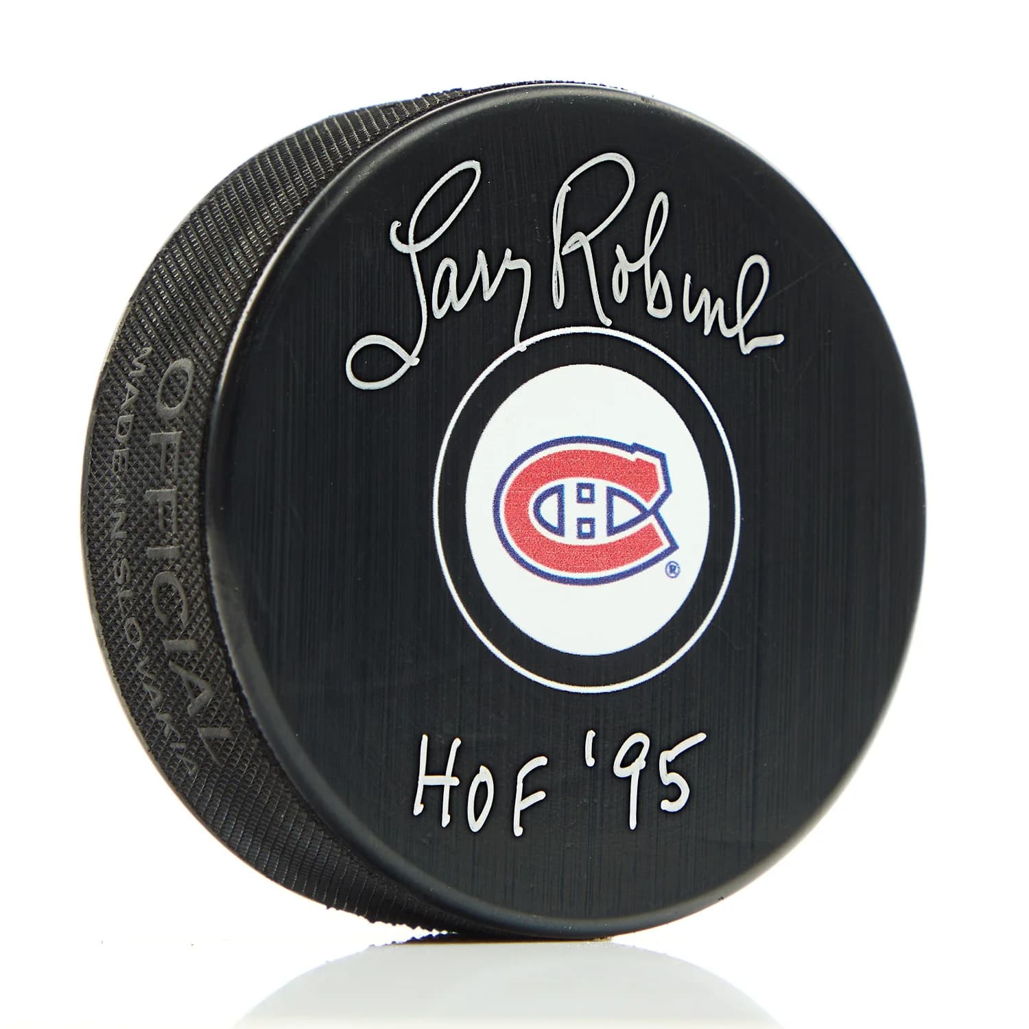 Larry Robinson Autographed Montreal Canadiens Hockey Puck with HOF Note Larry Robinson Puck hockey-hof-note, Montreal Canadiens, supplier stock photo