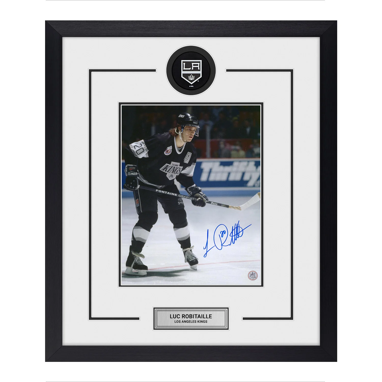 Luc Robitaille Autographed Los Angeles Kings Puck Logo 23x27 Frame Luc Robitaille Puck 23x27-logo-frame, Los Angeles Kings, supplier stock photo