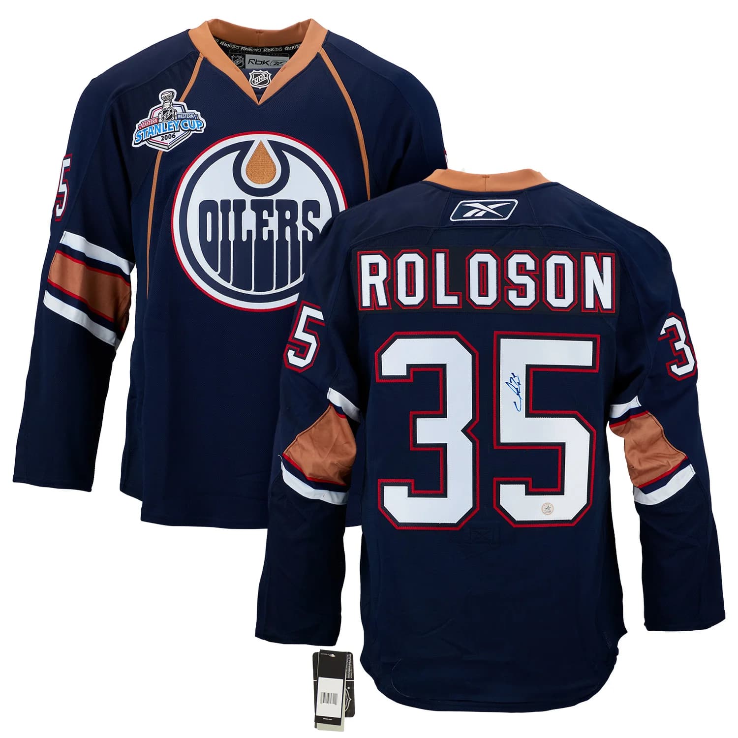 Dwayne Roloson Signed Edmonton Oilers 2006 Cup Finals Vintage Reebok Edge Jersey Dwayne Roloson Jersey dwayne-roloson-2006-cup-finals-vintage, Edmonton Oilers, view 3, supplier stock photo