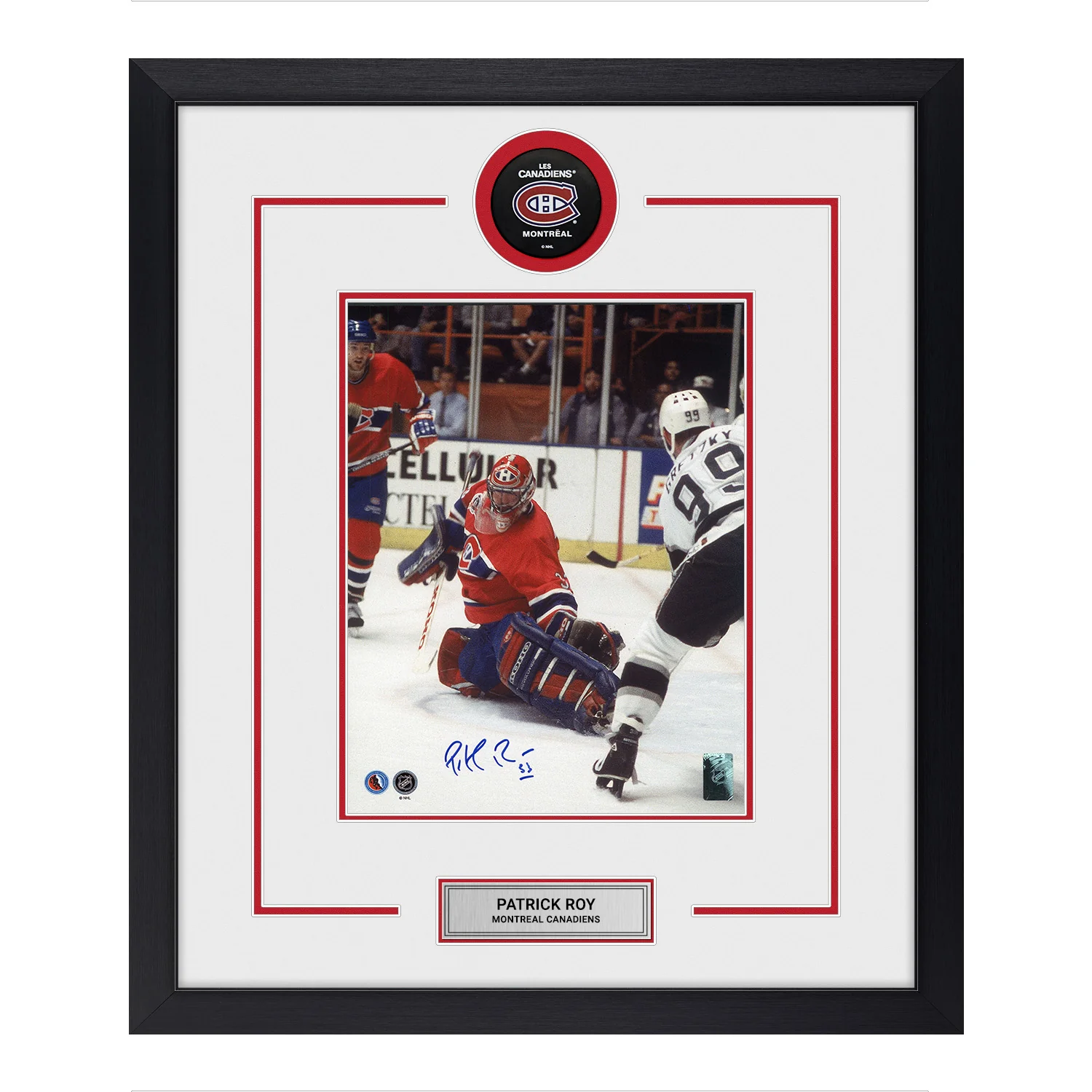 Patrick Roy Autographed Montreal Canadiens Puck Logo 22x26 Frame Patrick Roy Puck 22x26-patrick-roy-logo-frame, Montreal Canadiens, supplier stock photo