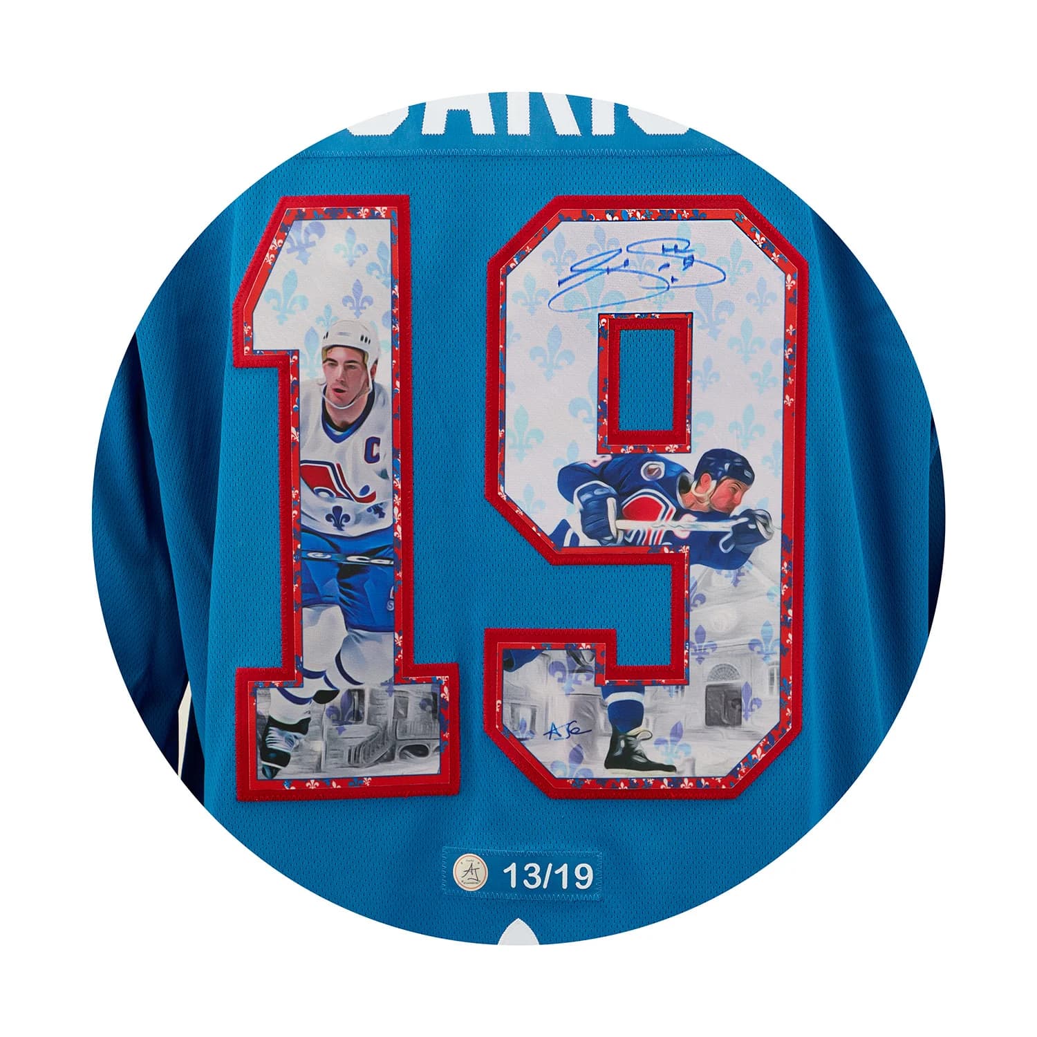 Joe Sakic Signed Quebec Nordiques Winter Fleurs-De-Lis Art Jersey #13/19 Joe Sakic Jersey joe-sakic-quebec-nordiques-winter-fleurs, view 3, supplier stock photo