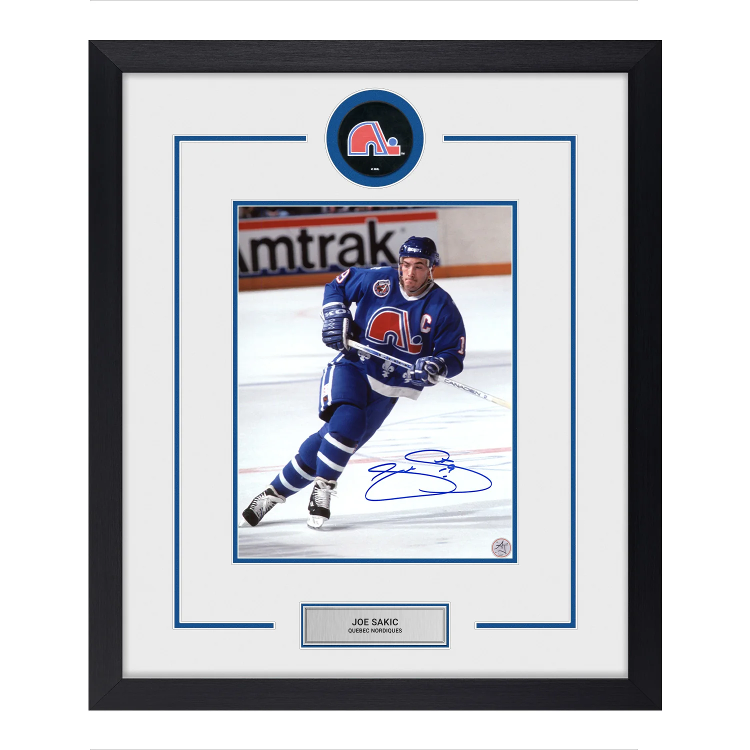 Joe Sakic Autographed Quebec Nordiques Puck Logo 22x26 Frame Joe Sakic Puck 22x26-quebec-nordiques-logo-frame, supplier stock photo
