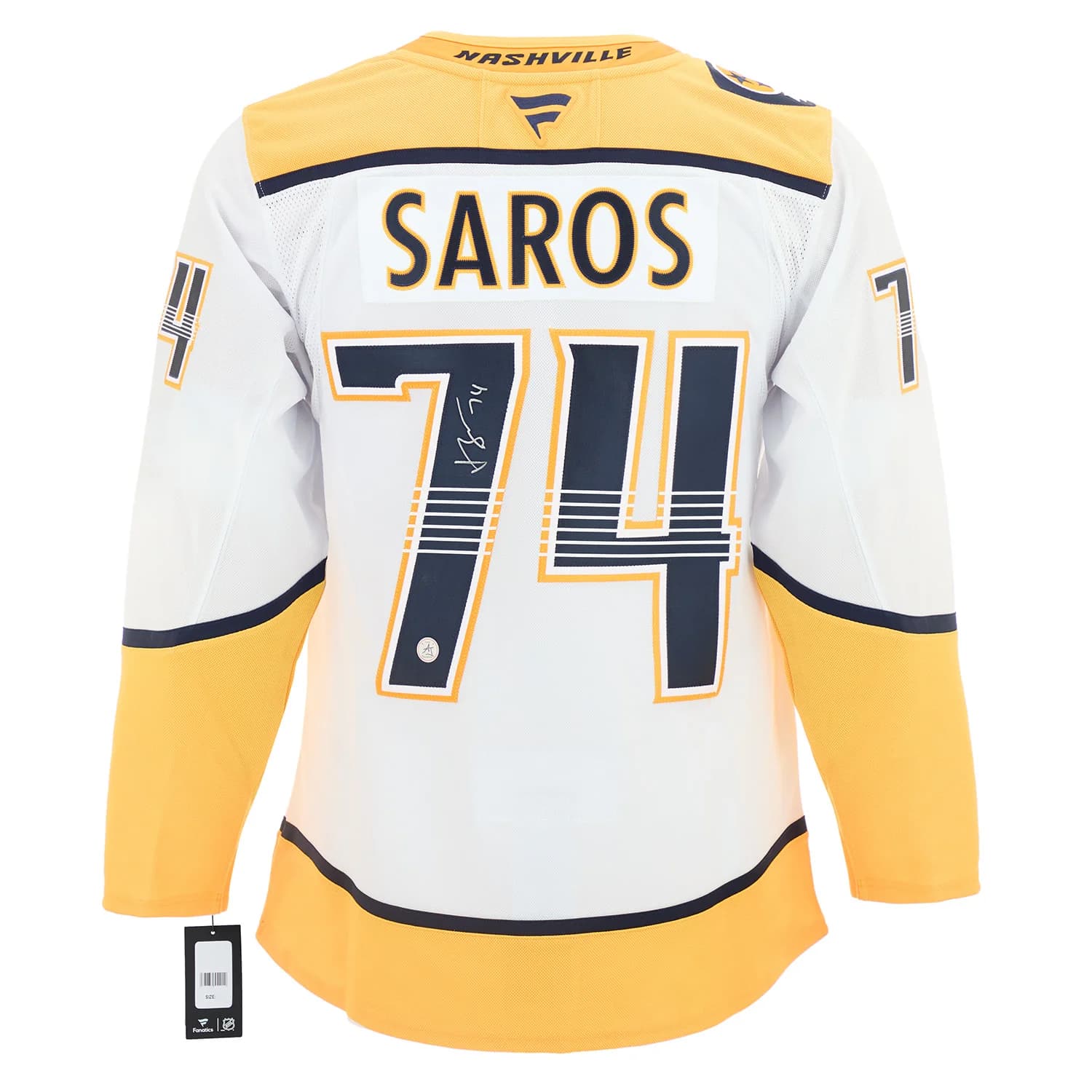 Juuse Saros Signed Nashville Predators White Fanatics Premium Jersey Juuse Saros Jersey white-premium, Nashville Predators, supplier stock photo