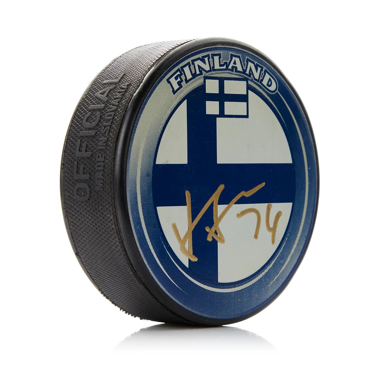 Juuse Saros Autographed Team Finland Hockey Puck Juuse Saros Puck team-finland-hockey, supplier stock photo