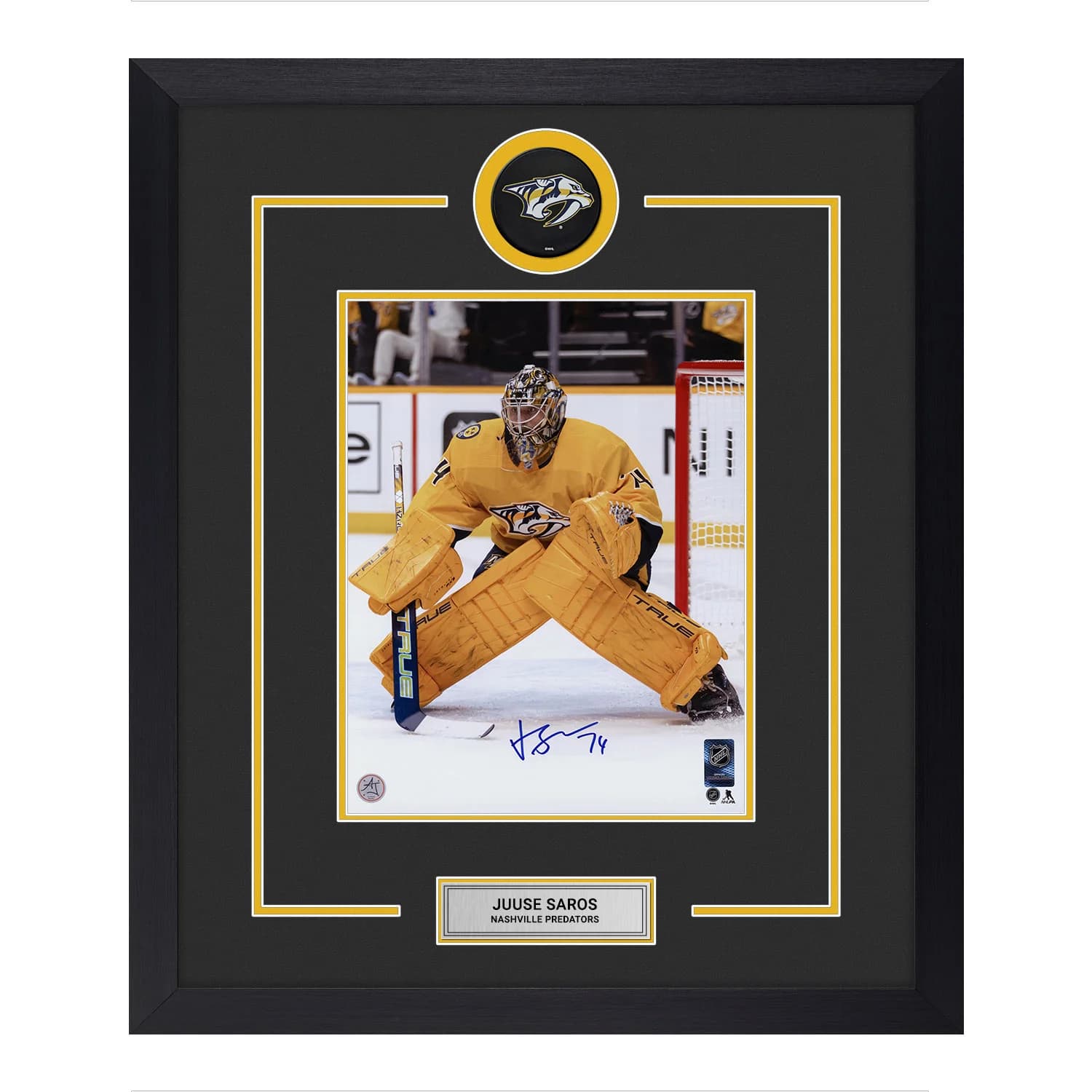 Juuse Saros Signed Nashville Predators Puck Logo 23x27 Frame Juuse Saros Puck 23x27-logo-frame, Nashville Predators, supplier stock photo