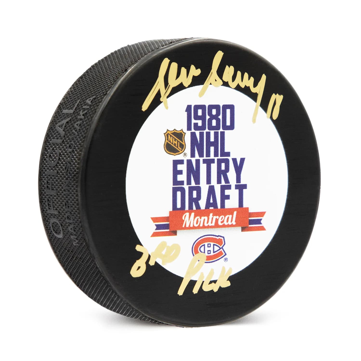 Denis Savard Signed 1980 NHL Entry Draft Puck with 3rd Pick Note Denis Savard Puck 1980-nhl-entry-draft-3rd-pick, supplier stock photo