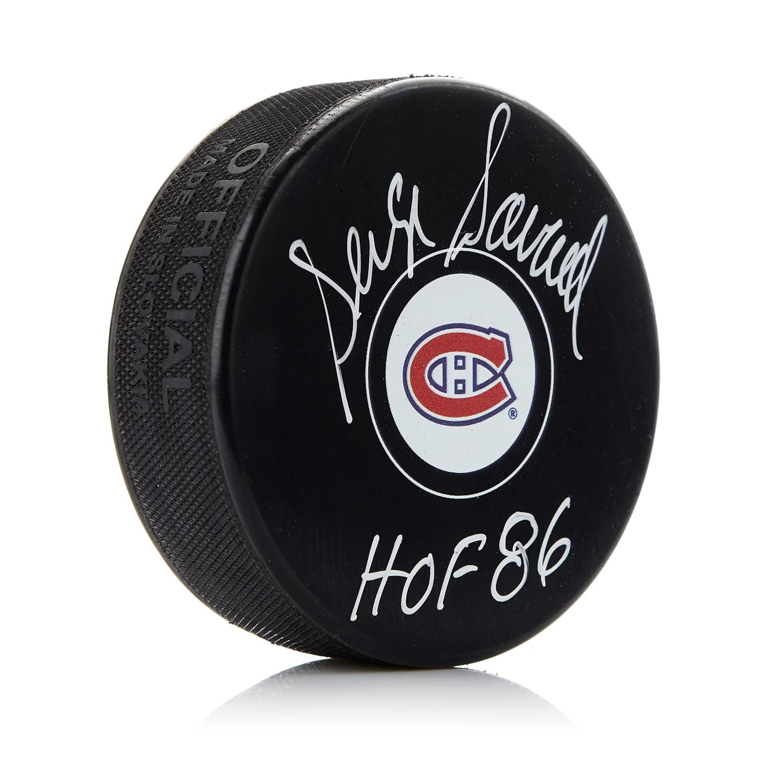 Serge Savard Signed Montreal Canadiens Hockey Puck with HOF Note Serge Savard Puck hockey-hof-note, Montreal Canadiens, supplier stock photo