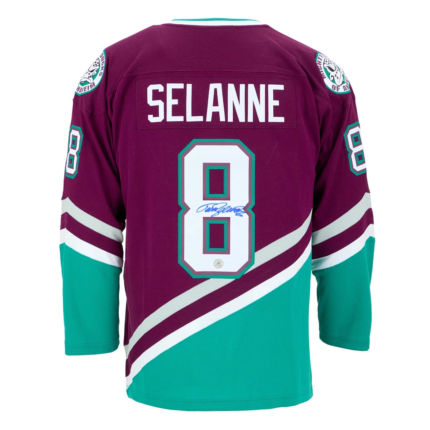 Teemu Selanne Signed Anaheim Mighty Ducks Throwback Mitchell & Ness Jersey Teemu Selanne Jersey anaheim-mighty-ducks-throwback-mitchell-ness, supplier stock photo