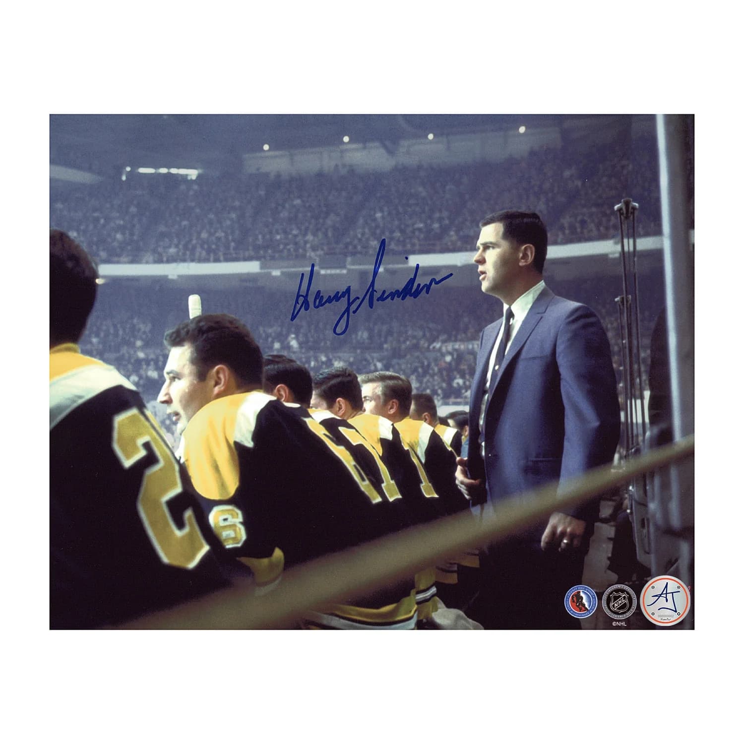 Harry Sinden Autographed Boston Bruins Bench Close-Up 8x10 Photo Harry Sinden Photo 8x10-bench-close-up, Boston Bruins, supplier stock photo