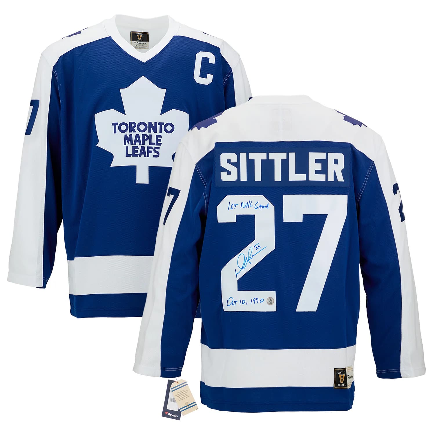 Darryl Sittler Signed & Dated 1st Game Toronto Maple Leafs Throwback Jersey Darryl Sittler Jersey dated-1st-game-throwback, Toronto Maple Leafs, view 3, supplier stock photo