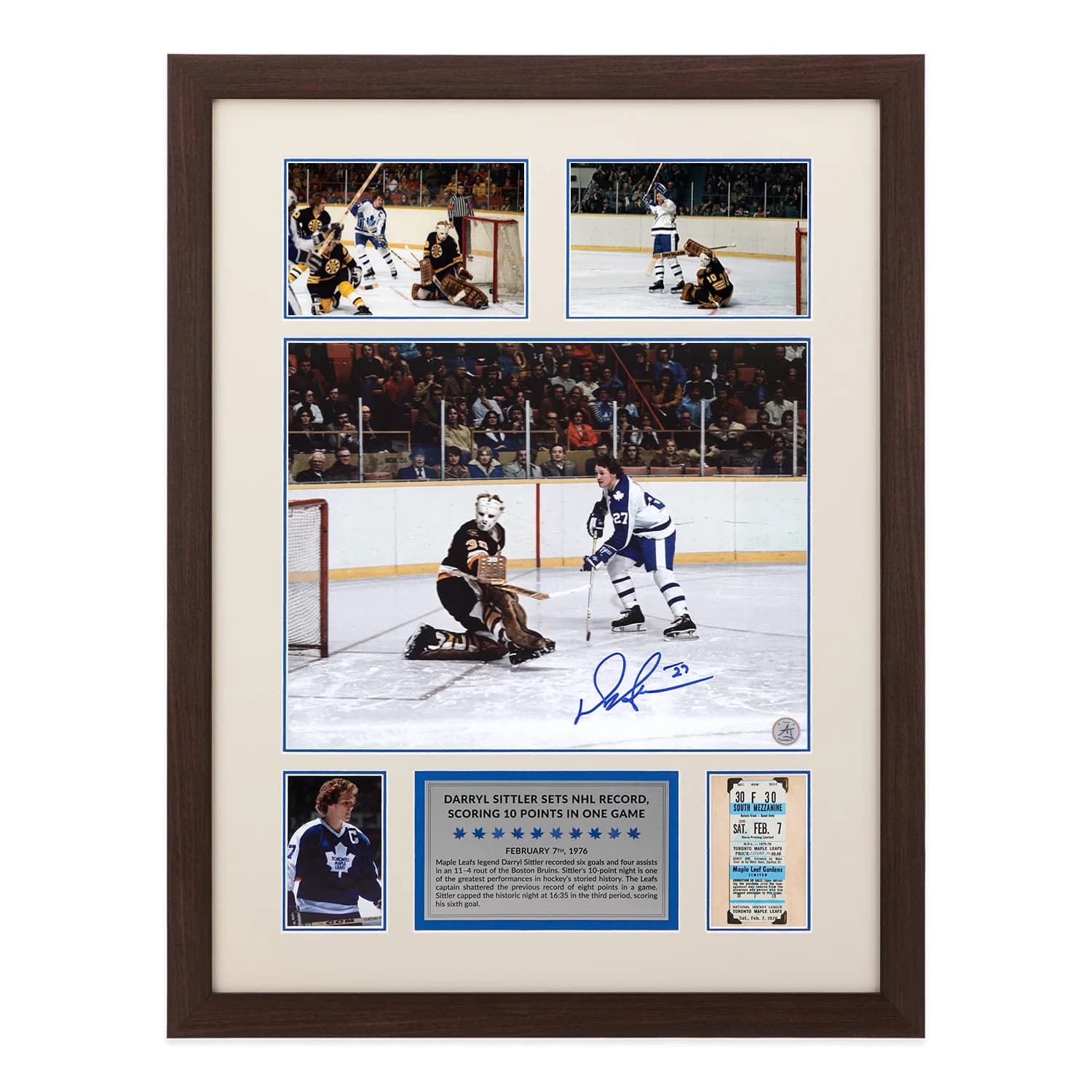 Darryl Sittler Signed Maple Leafs 10 Point Record Game Ticket 20x26 Frame Darryl Sittler Ticket Stub 20x26-10-point-record-game-frame, Toronto Maple Leafs, supplier stock photo