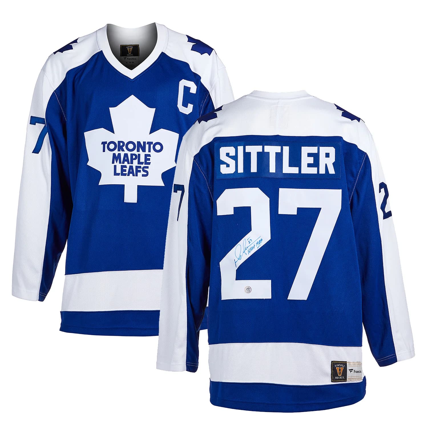 Darryl Sittler Autographed Toronto Maple Leafs Fanatics Throwback Jersey Darryl Sittler Jersey throwback, Toronto Maple Leafs, view 3, supplier stock photo