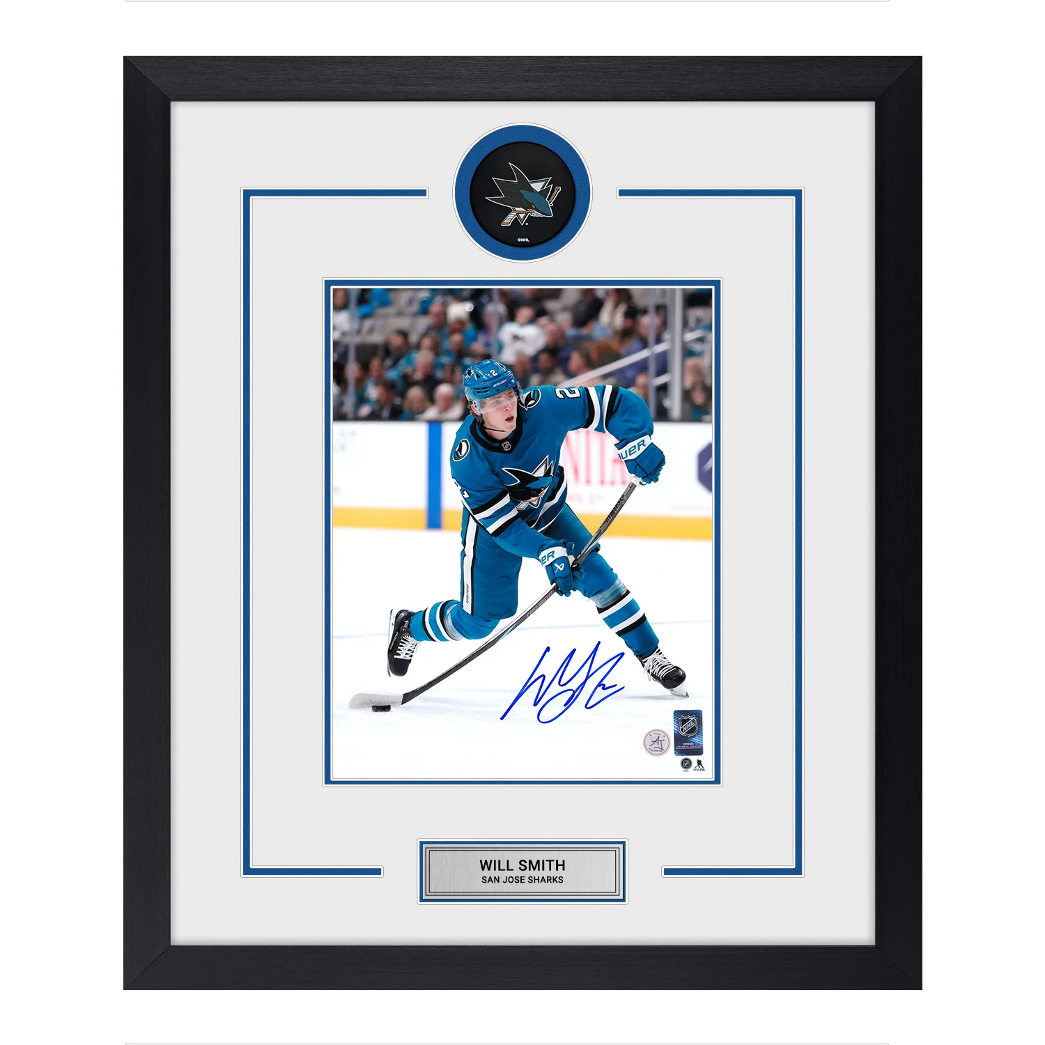 Will Smith Autographed San Jose Sharks Puck Logo 22x26 Frame Will Smith Puck 22x26-logo-frame, San Jose Sharks, supplier stock photo