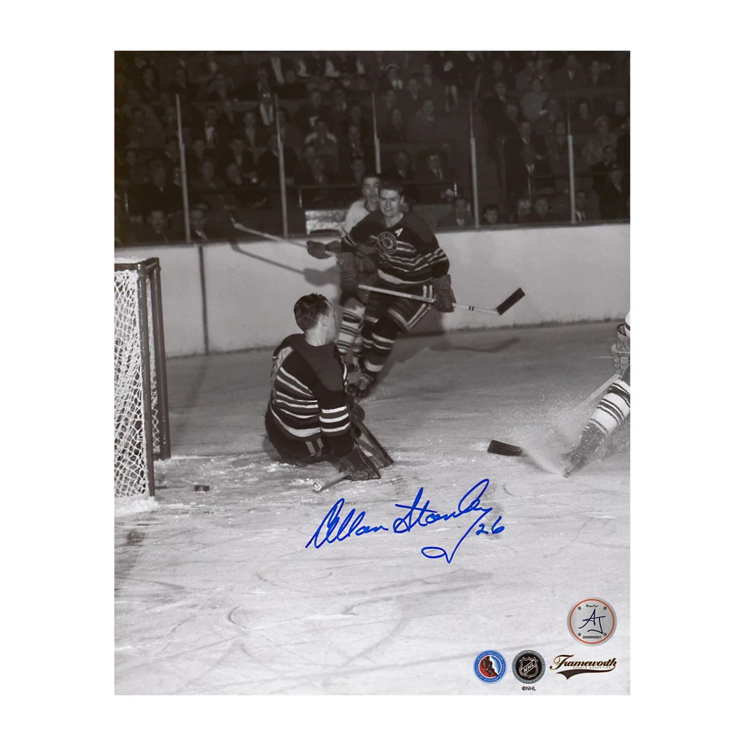Allan Stanley Autographed Chicago Blackhawks Black & White Action 8x10 Photo Allan Stanley Photo 8x10-black-white-action, Chicago Blackhawks, supplier stock photo