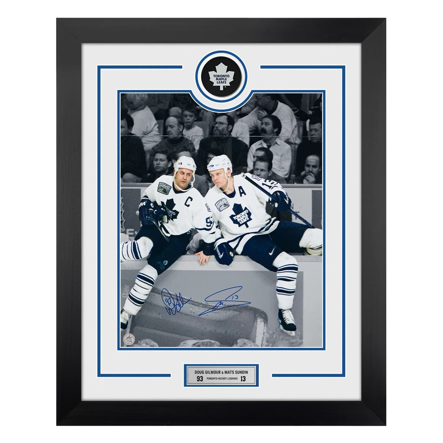 Doug Gilmour & Mats Sundin Dual Signed Toronto Maple Leafs Puck Logo 26x32 Frame Doug Gilmour Puck 26x32-mats-sundin-dual-logo-frame, Toronto Maple Leafs, supplier stock photo