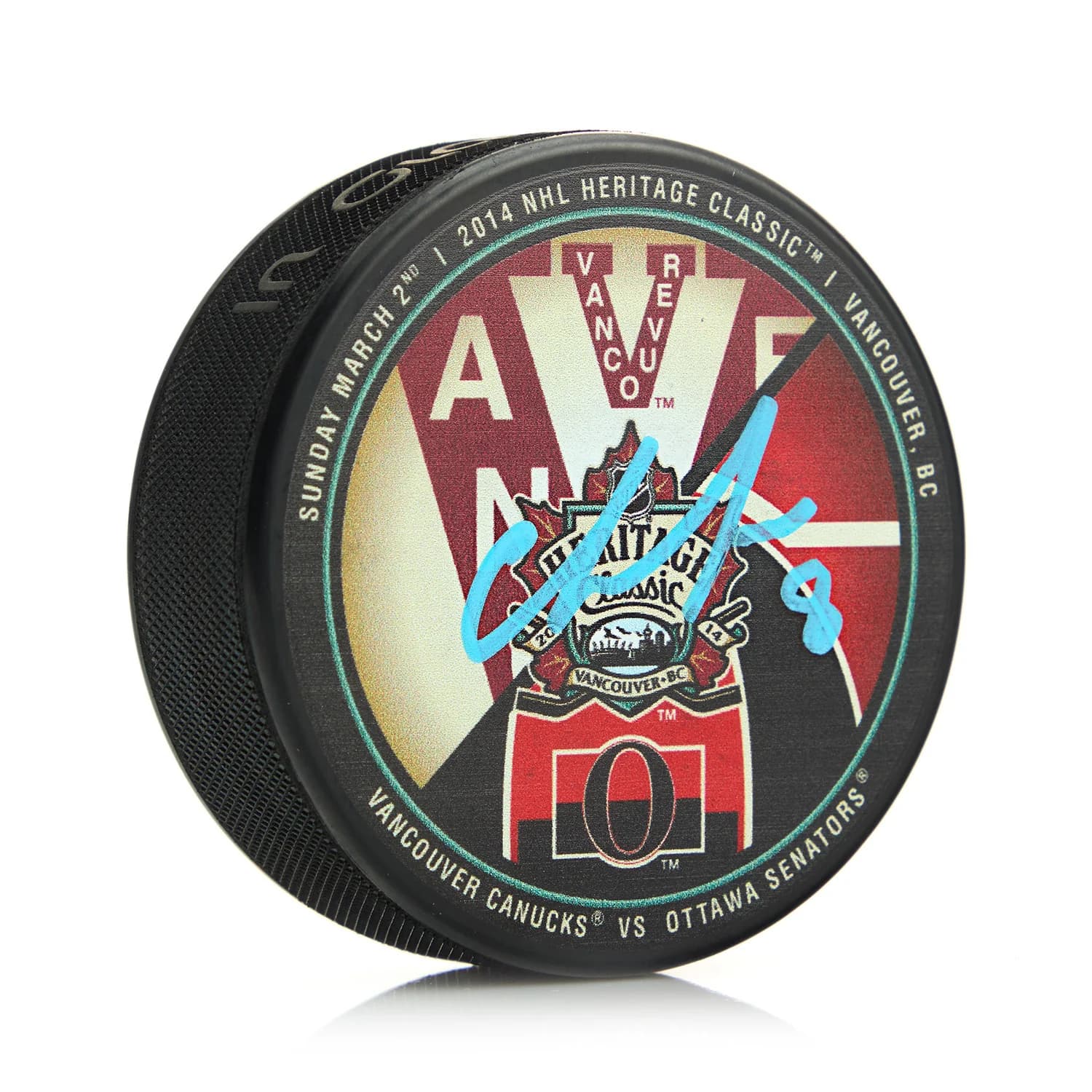 Chris Tanev Signed Vancouver Canucks 2014 Heritage Classic Souvenir Puck Chris Tanev Puck 2014-heritage-classic-souvenir, Vancouver Canucks, supplier stock photo
