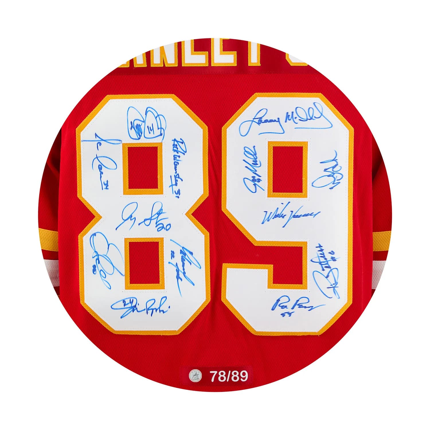 Calgary Flames 13 Player Team Signed 1989 Stanley Cup Throwback Jersey #78/89 Jersey calgary-flames-13-player-team-1989, Calgary Flames, view 3, supplier stock photo