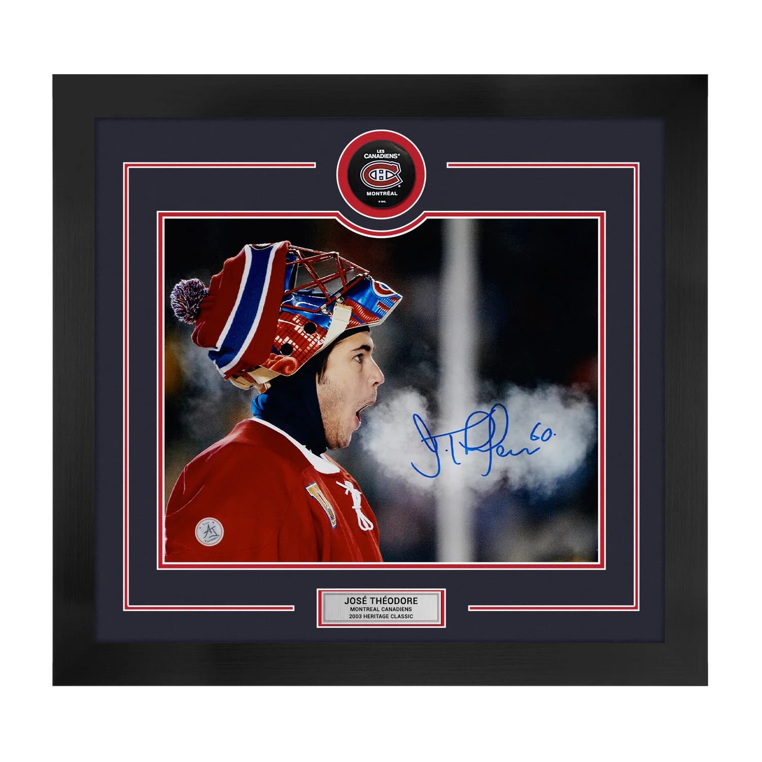 Jose Theodore Signed Montreal Canadiens Heritage Classic Puck Logo 28x30 Frame Jose Theodore Puck 28x30-heritage-classic-logo-frame, Montreal Canadiens, supplier stock photo