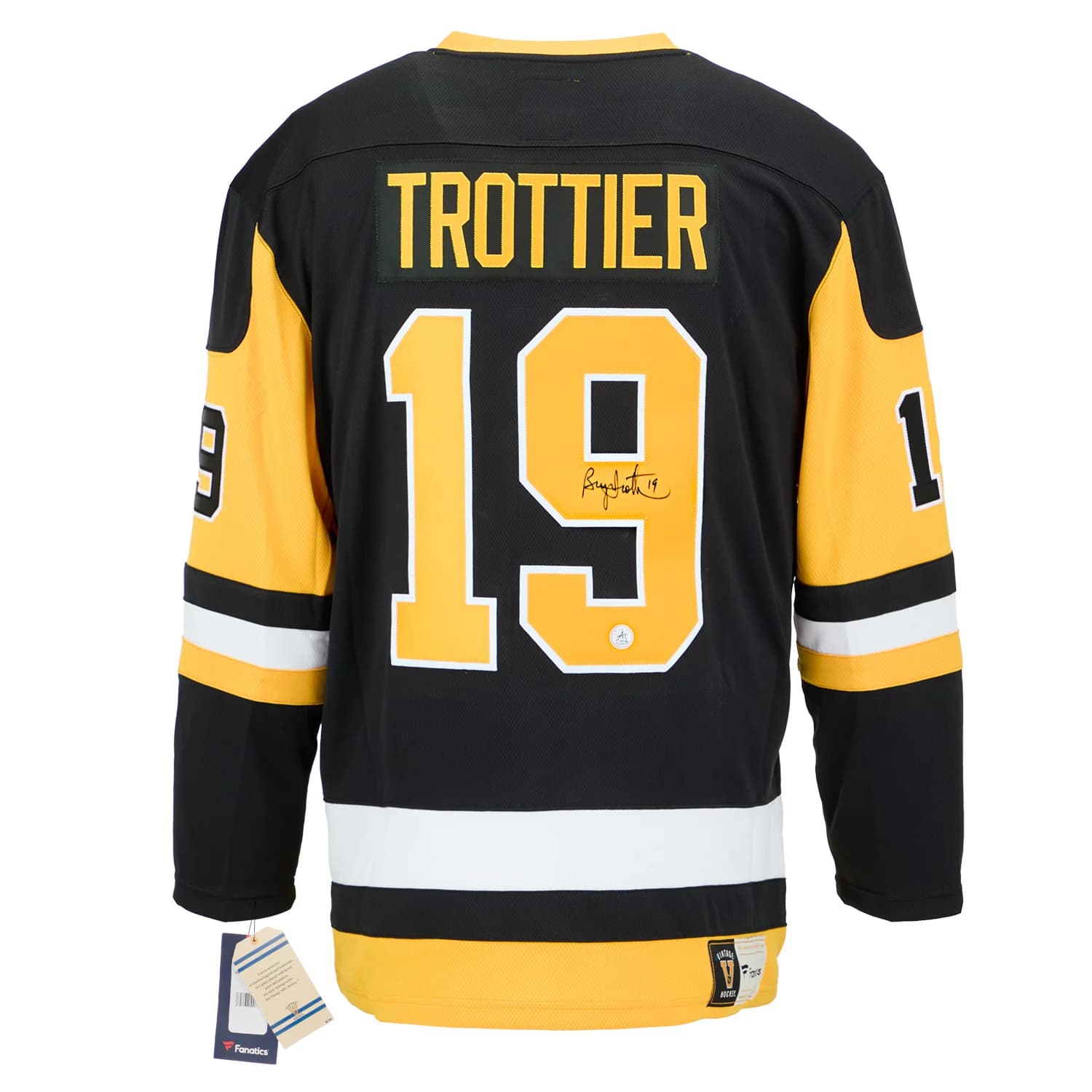 Bryan Trottier Autographed Pittsburgh Penguins Fanatics Throwback Jersey Bryan Trottier Jersey throwback, Pittsburgh Penguins, supplier stock photo