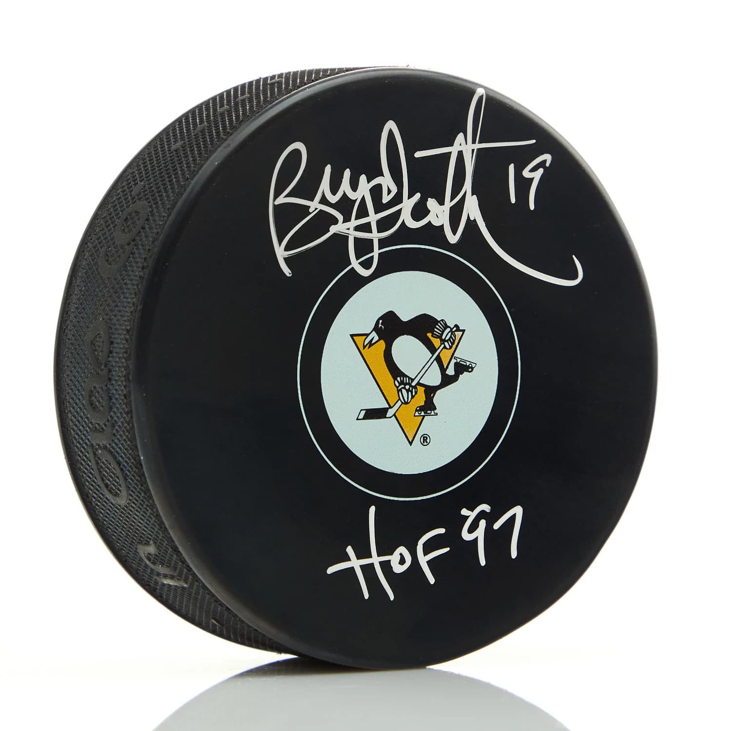 Bryan Trottier Autographed Pittsburgh Penguins Hockey Puck with HOF Note Bryan Trottier Puck hockey-hof-note, Pittsburgh Penguins, supplier stock photo