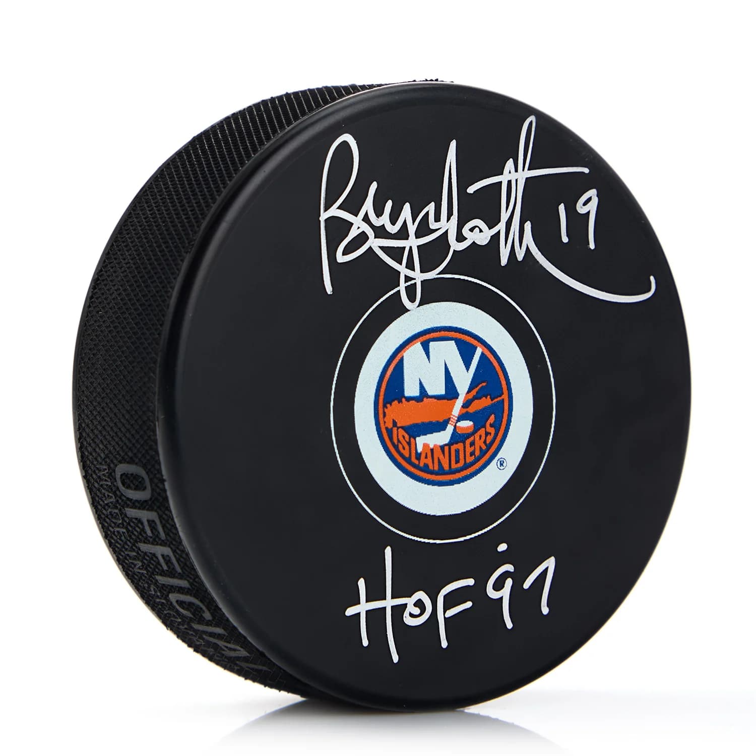 Bryan Trottier Autographed New York Islanders Hockey Puck with HOF Note Bryan Trottier Puck hockey-hof-note, New York Islanders, supplier stock photo