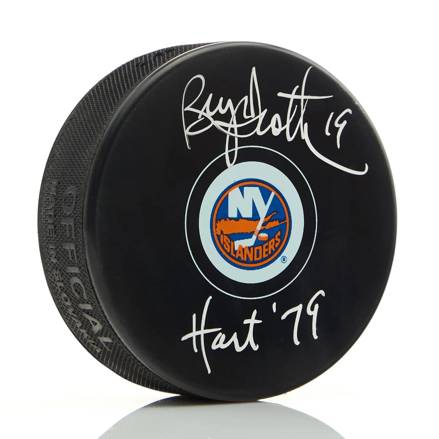 Bryan Trottier Autographed New York Islanders Hockey Puck with 79 Hart Note Bryan Trottier Puck hockey-79-hart-note, New York Islanders, supplier stock photo
