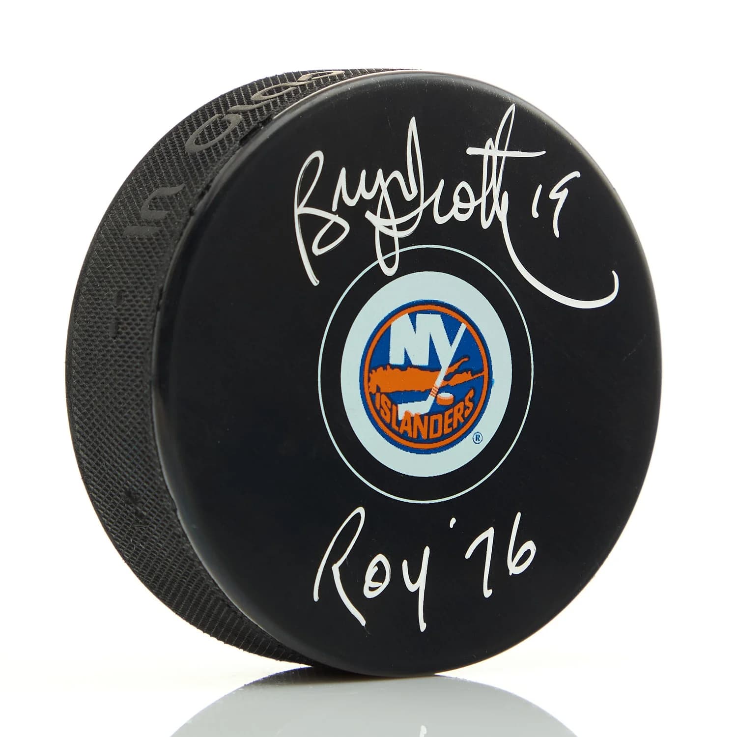 Bryan Trottier Autographed New York Islanders Hockey Puck with ROY 76 Note Bryan Trottier Puck hockey-roy-76-note, New York Islanders, supplier stock photo
