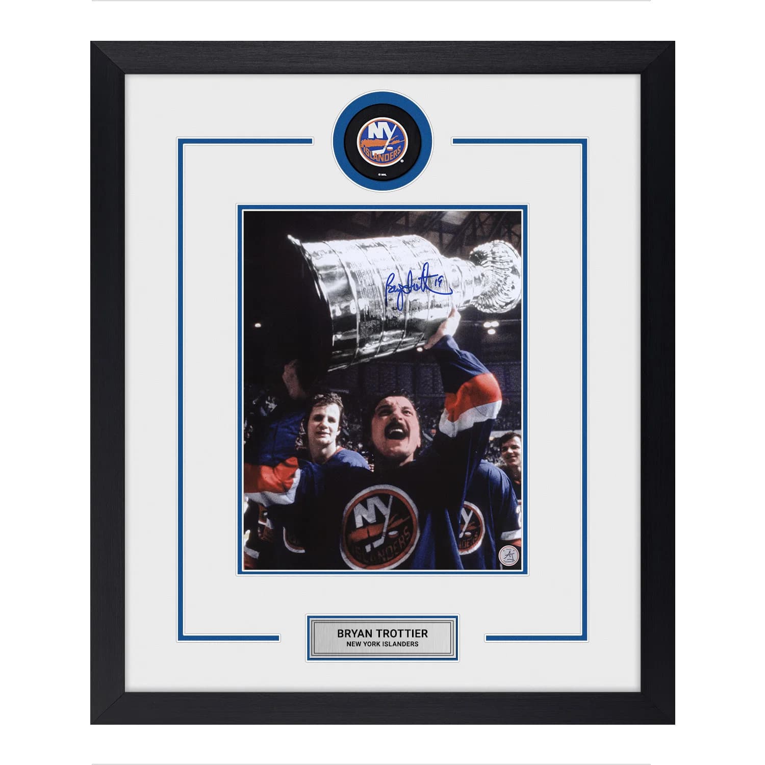 Bryan Trottier Autographed New York Islanders Puck Logo 22x26 Frame Bryan Trottier Puck 22x26-logo-frame, New York Islanders, supplier stock photo