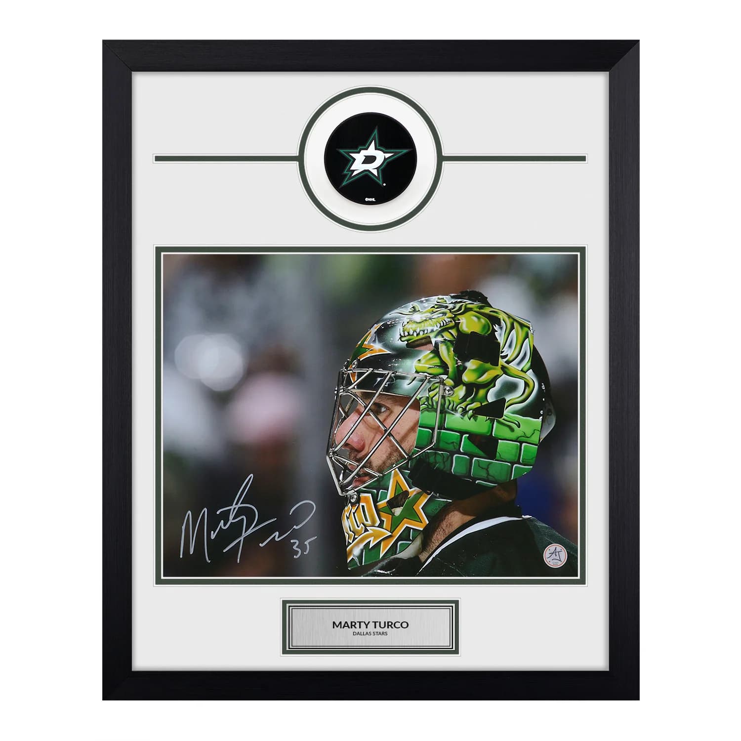 Marty Turco Autographed Dallas Stars Puck Logo 19x23 Frame Marty Turco Puck 19x23-logo-frame, Dallas Stars, supplier stock photo