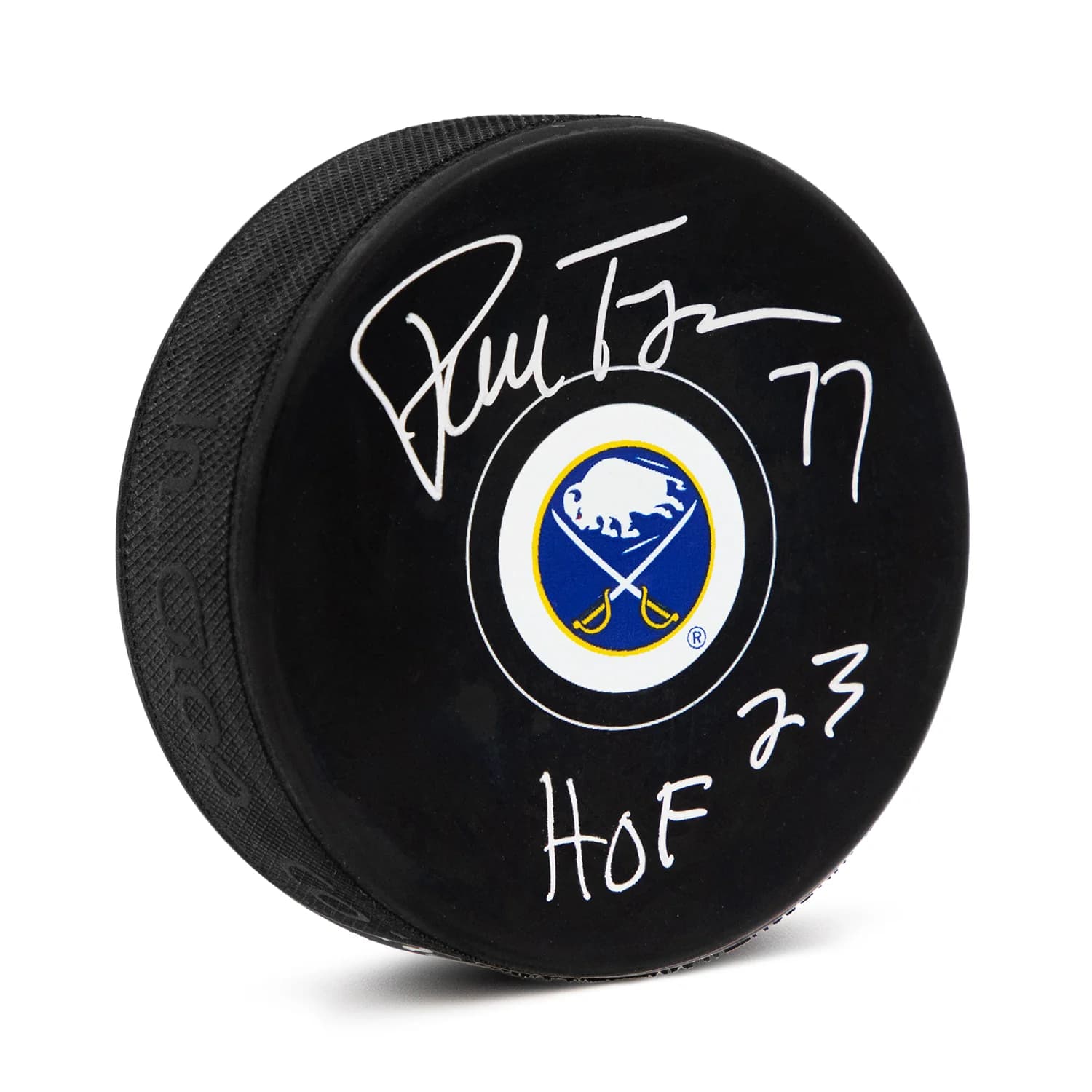 Pierre Turgeon Autographed Buffalo Sabres Hockey Puck with HOF Note Pierre Turgeon Puck hockey-hof-note, Buffalo Sabres, supplier stock photo