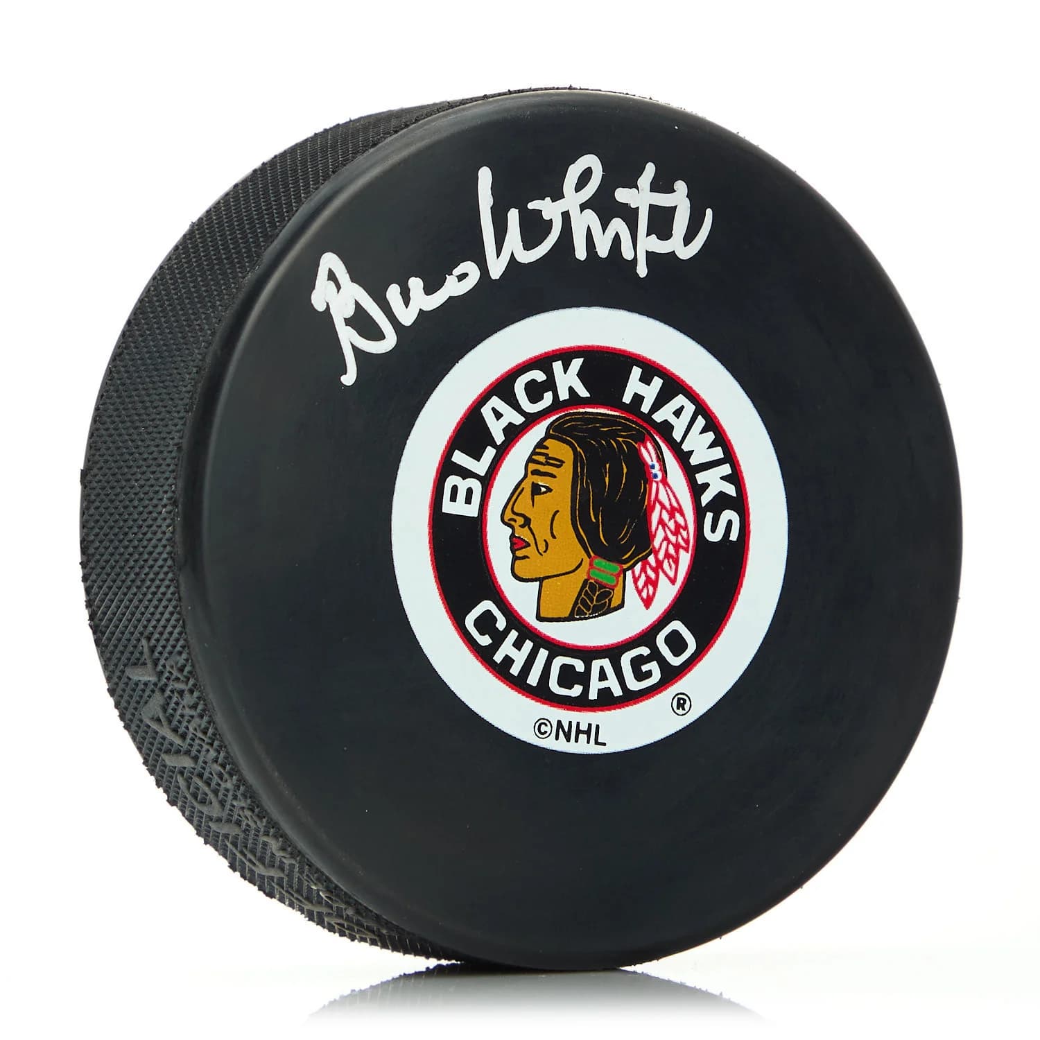 Bill White Chicago Blackhawks Autographed Original Six Logo Hockey Puck Bill White Puck original-six-logo-hockey, Chicago Blackhawks, supplier stock photo