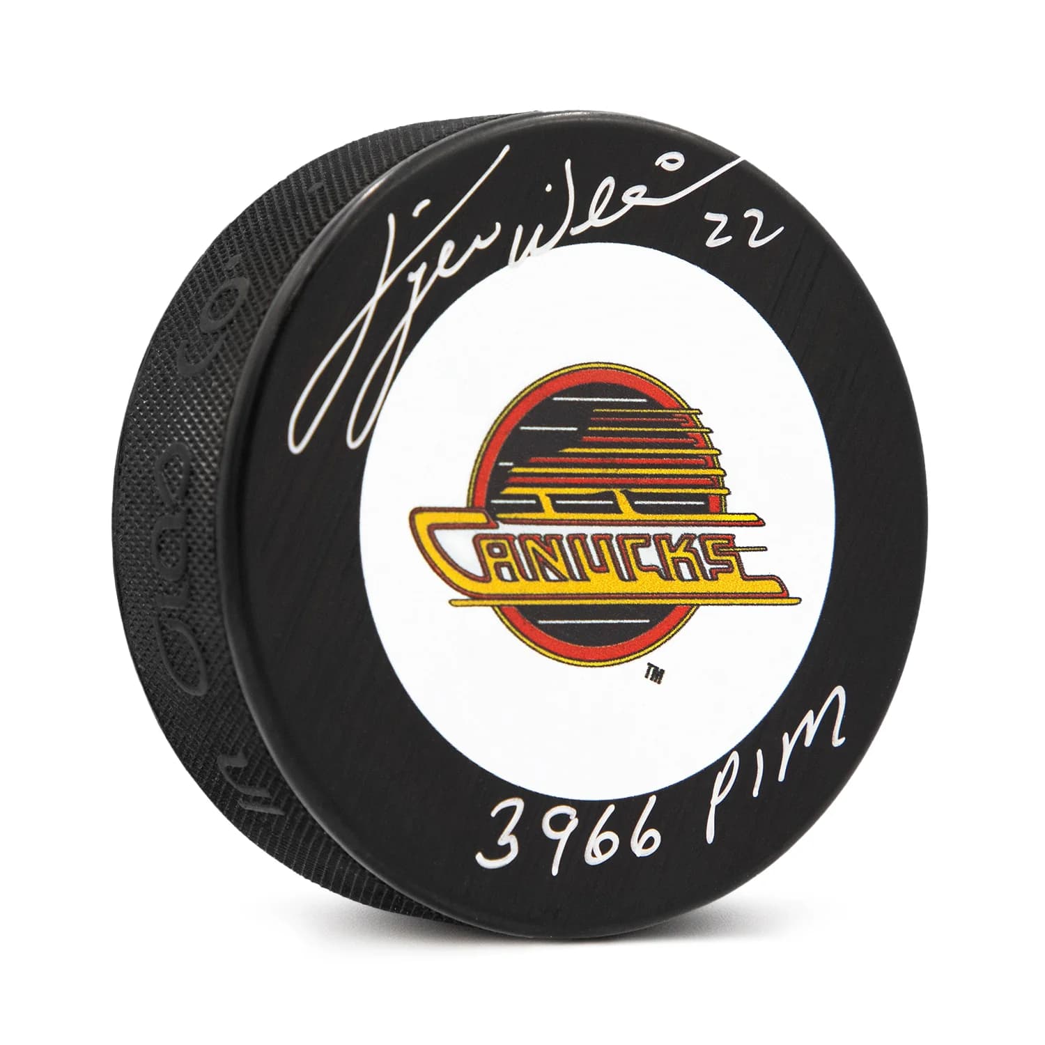 Tiger Williams Signed Vancouver Canucks Retro Logo Puck with 3966 PIM Note Tiger Williams Puck retro-logo-3966-pim-note, Vancouver Canucks, supplier stock photo
