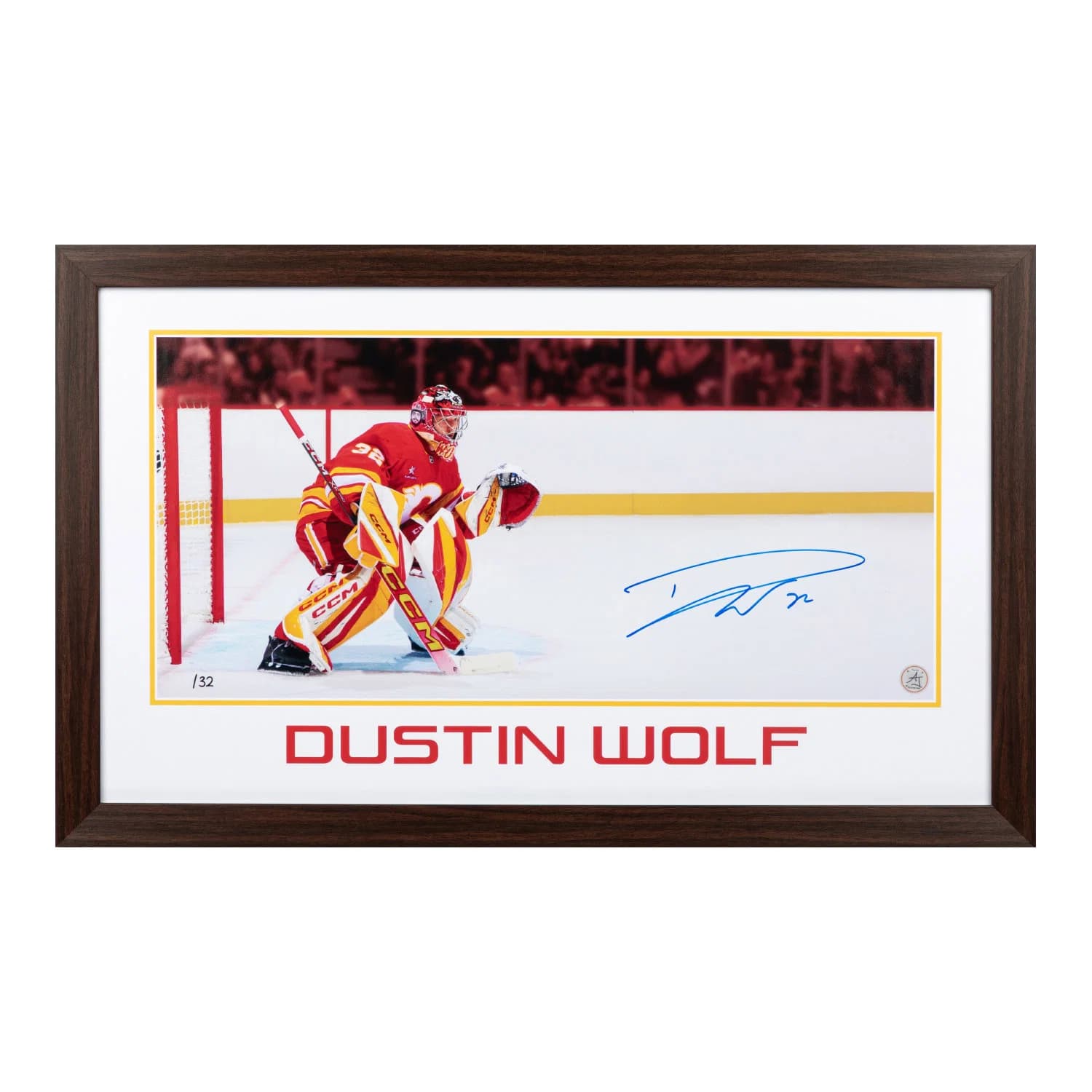 Dustin Wolf Calgary Flames Prominent Signature 16x26 Frame #/32 Dustin Wolf Other 16x26-prominent-frame-32, Calgary Flames, supplier stock photo