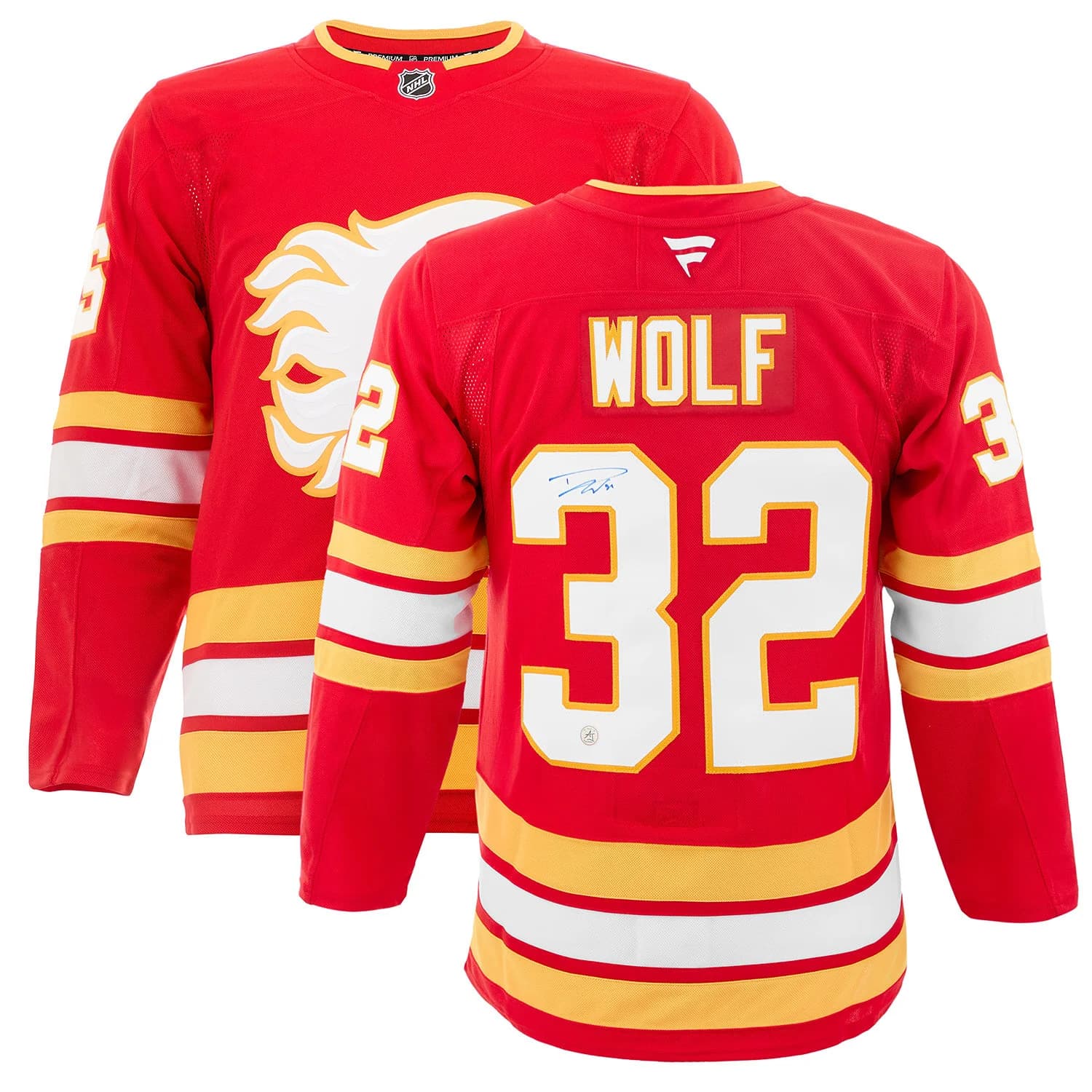 Dustin Wolf Autographed Calgary Flames Fanatics Premium Jersey Dustin Wolf Jersey premium, Calgary Flames, view 3, supplier stock photo