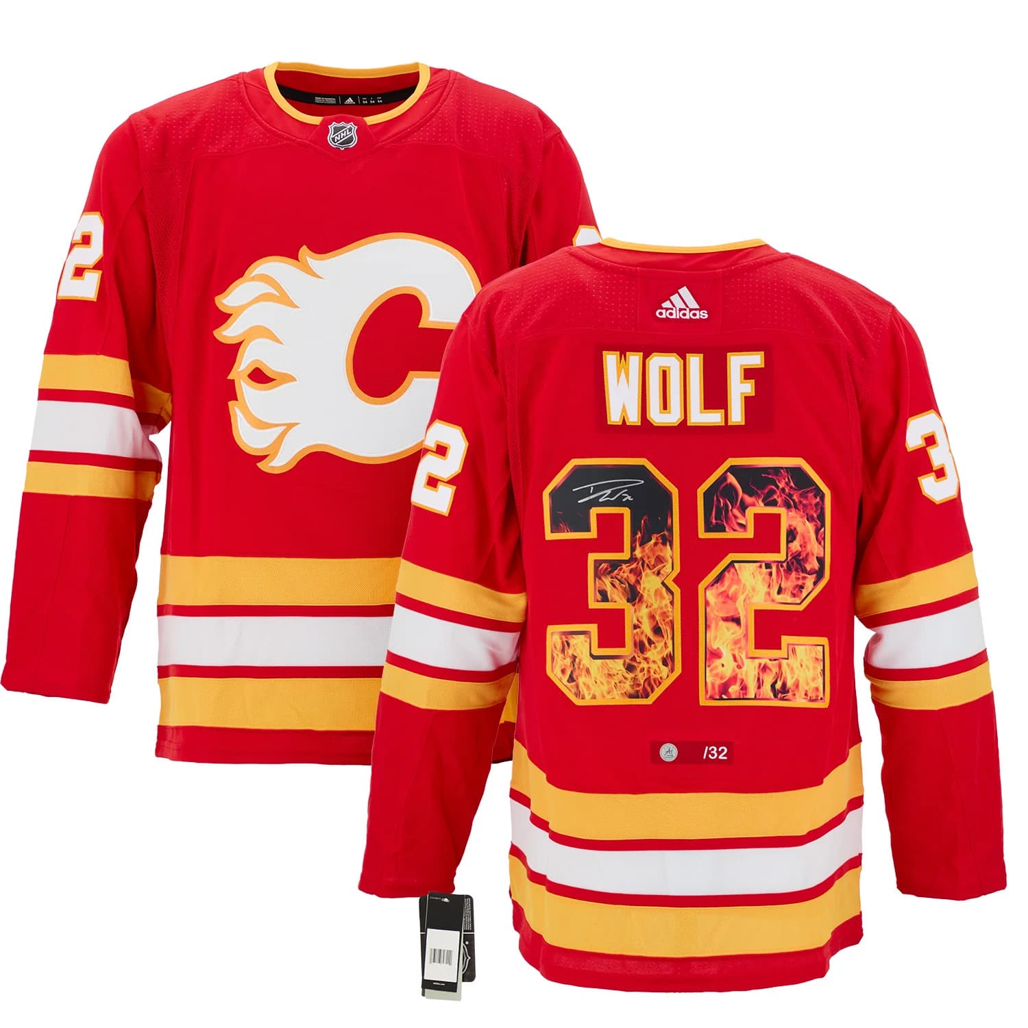 Dustin Wolf Signed Calgary Flames Roaring Fire adidas Art Jersey #/32 Dustin Wolf Jersey dustin-wolf-calgary-flames-roaring-fire, Calgary Flames, view 3, supplier stock photo