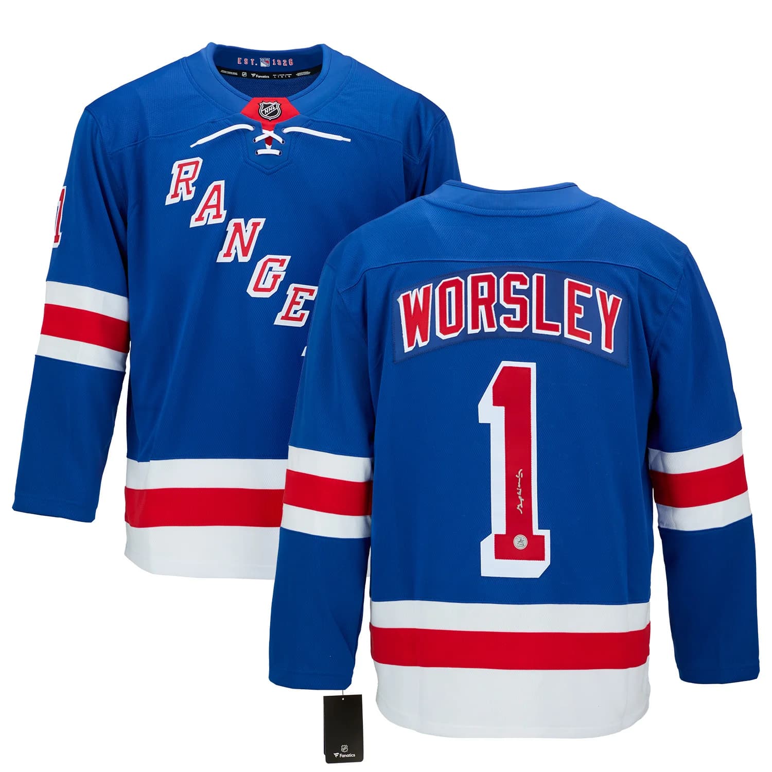 Gump Worsley Signed New York Rangers Fanatics Breakaway Jersey Gump Worsley Jersey breakaway, New York Rangers, view 3, supplier stock photo