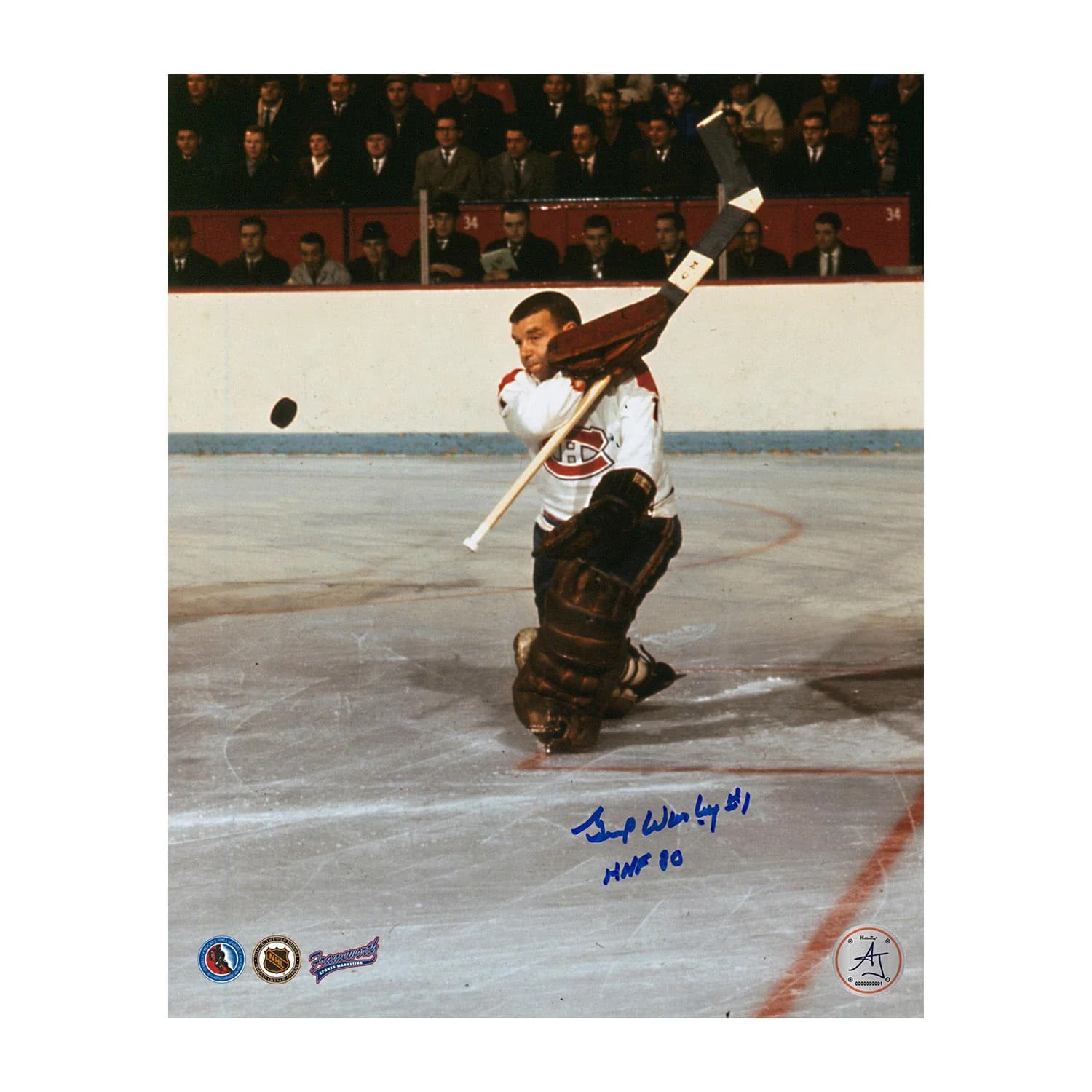 Gump Worsley Signed Montreal Canadiens Batting Puck 8x10 Photo with Note Gump Worsley Puck 8x10-batting-note, Montreal Canadiens, supplier stock photo