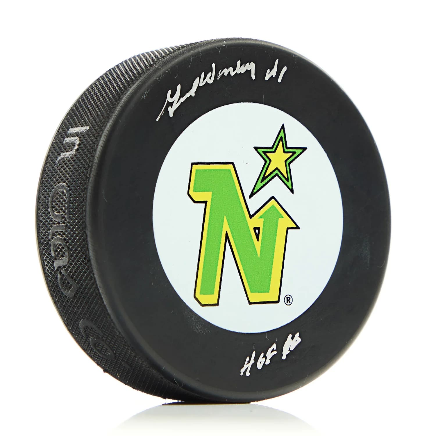 Gump Worsley Signed Minnesota North Stars Hockey Puck with HOF Note Gump Worsley Puck minnesota-north-stars-hockey-hof-note, supplier stock photo