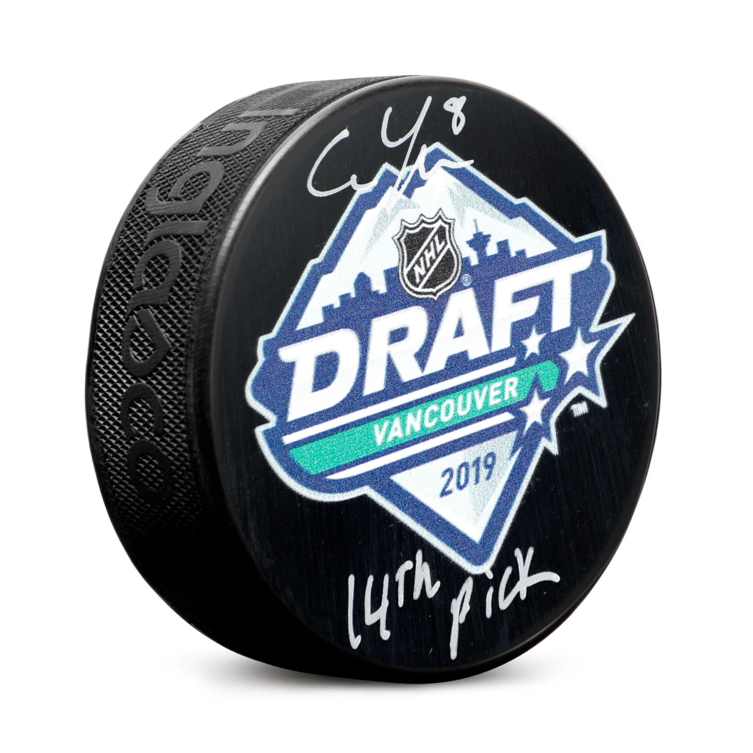 Cam York Signed 2019 NHL Entry Draft Puck with 14th Pick Note Cam York Puck 2019-nhl-entry-draft-14th-pick, supplier stock photo