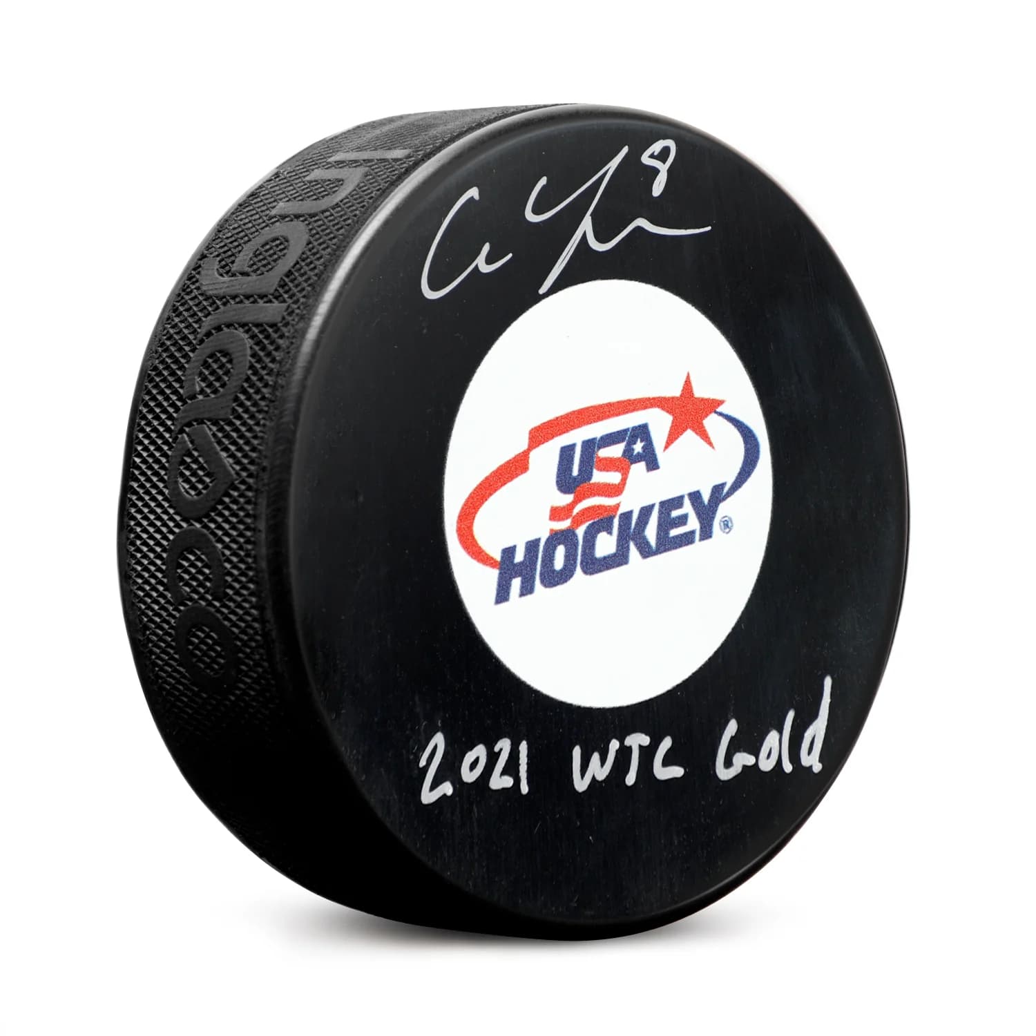 Cam York Autographed Team USA Hockey Puck with 2021 WJC Gold Note Cam York Puck team-usa-hockey-2021-wjc-gold, supplier stock photo