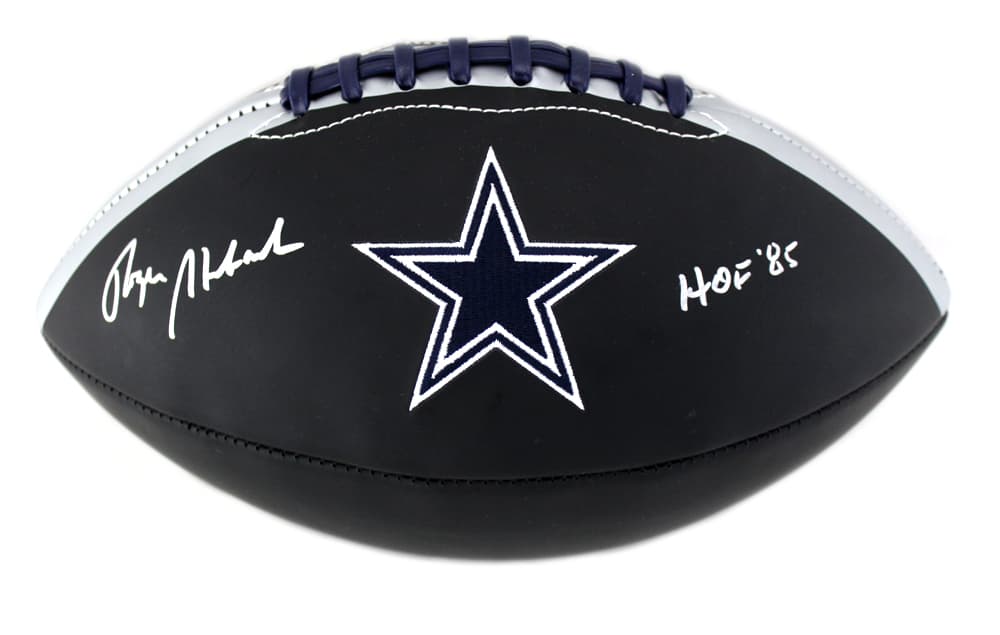 Roger Staubach Signed Dallas Cowboys Embroidered NFL Black Football With ” HOF 85″ Inscription Roger Staubach Ball roger-staubach-dallas-cowboys-embroidered-nfl, Dallas Cowboys, view 2, supplier stock photo