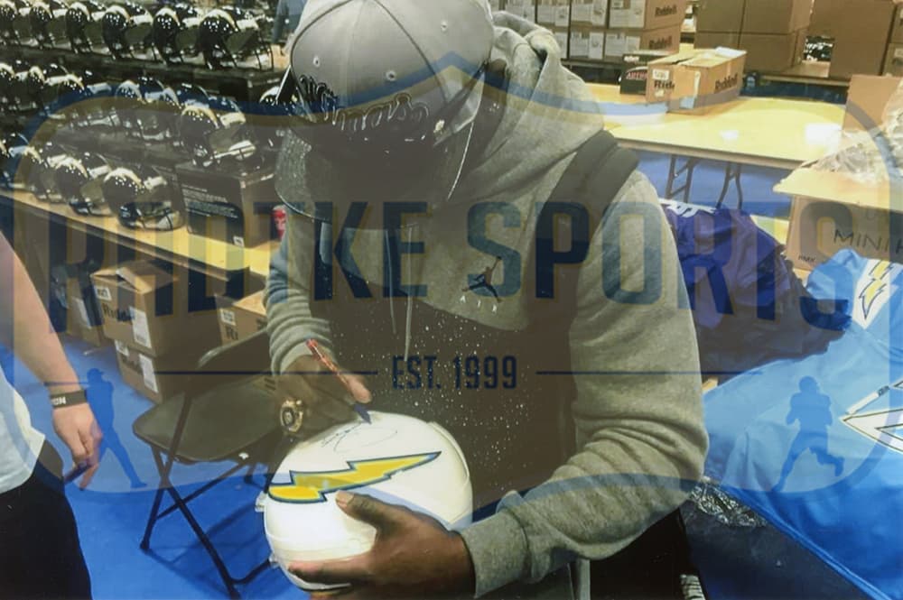 Melvin Gordon & LaDainian Tomlinson Signed Los Angeles Chargers Current Full Size NFL Helmet Melvin Gordon Helmet melvin-gordon-ladainian-tomlinson-los-angeles, view 3, supplier stock photo